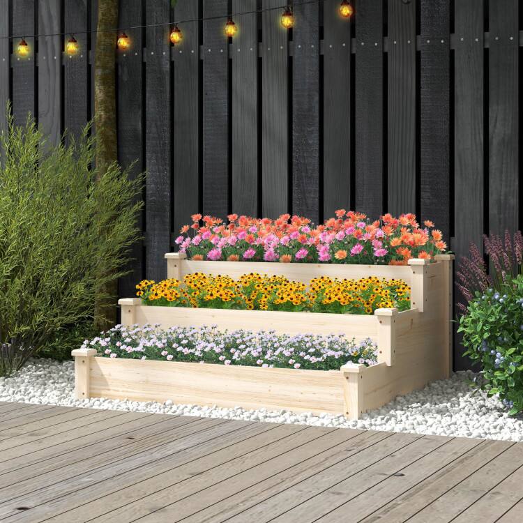 Left. Mondawe - 3 Tier Elevated Wooden Garden Bed for Vegetables Herbs and Flowers with Step Design - Light/Pastel Brown.