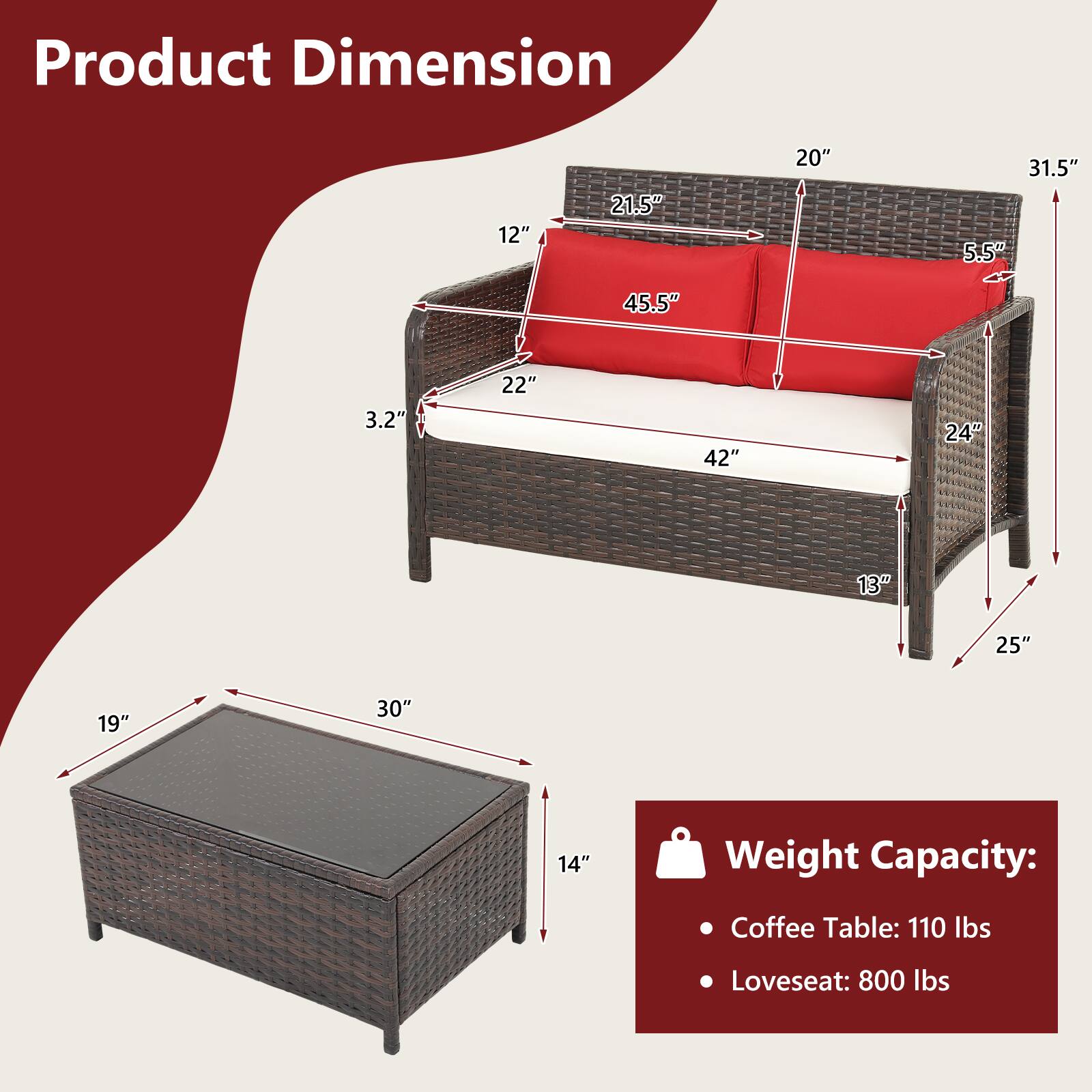 Product Dimension: 12" 21.5" 20" 31.5" 5.5" 45.5" 3.2" 22" 42" 24" 13" 25" 19" 30" 14"

Weight Capacity: Coffee Table: 110 lbs Loveseat: 800 lbs