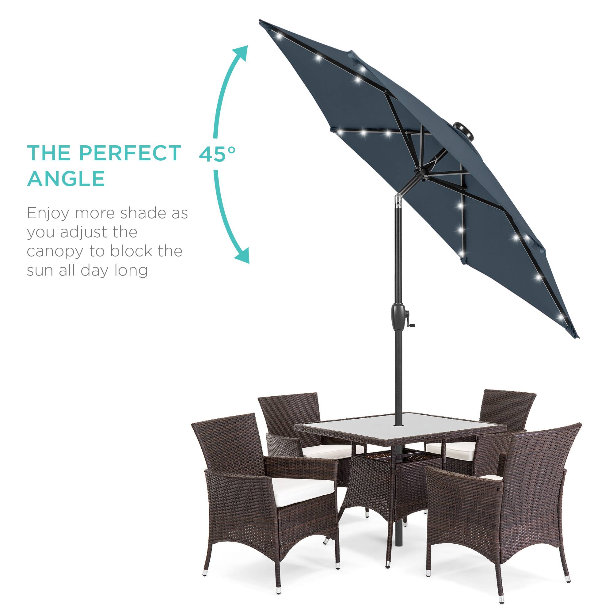 The perfect 45° angle. Enjoy more shade as you adjust the canopy to block the sun all day long.