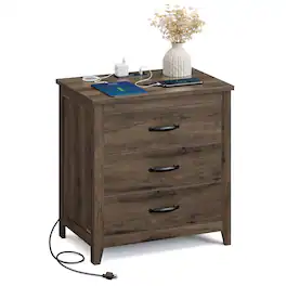 Songmics Home - LIRY Collection - Farmhouse Nightstand with Charging Station, Bedside Table, Side End Table with 3 Drawers, for Bedroom - Taupe Brown