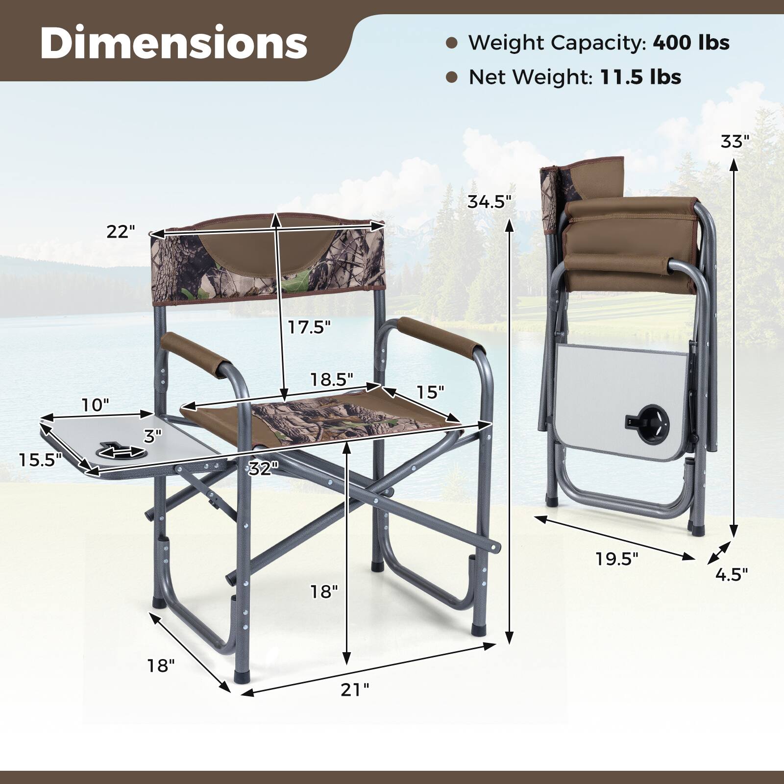 Dimensions  
Weight Capacity: 400 lbs  
Net Weight: 11.5 lbs  

- 33"  
- 34.5"  
- 22"  
- 17.5"  
- 10"  
- 18.5"  
- 15"  
- 15.5"  
- 3"  
- 32"  
- 18"  
- 19.5"  
- 4.5"  
- 18"  
- 21"