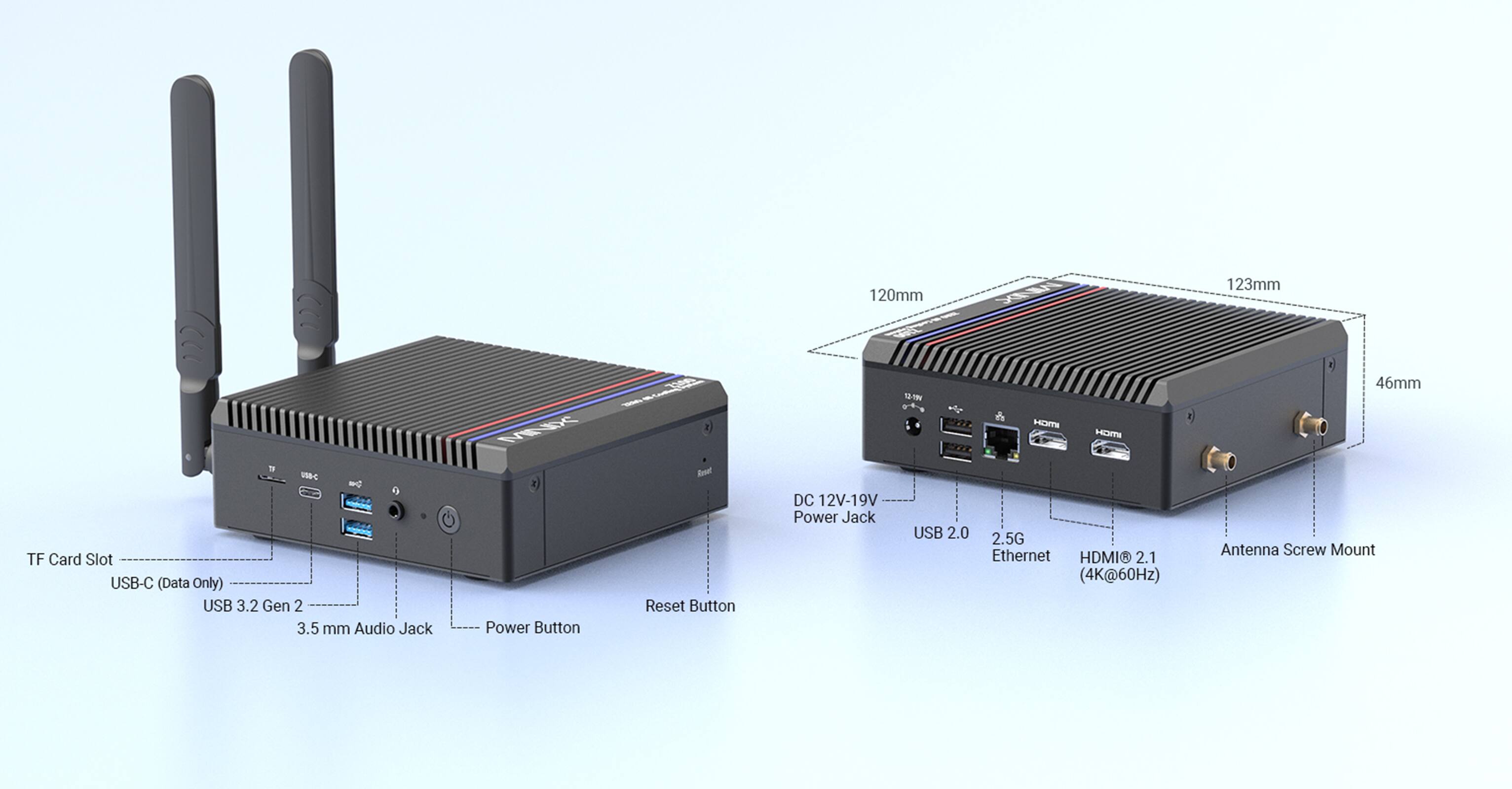 The image shows a computer with a USB-C port, a 3.5mm audio jack, and a DC power jack. It also has a 120mm x 123mm footprint and a 46mm antenna screw mount. The computer is described as having a "TF Card Slot" and a "USB-C (Data Only)". Additionally, it is equipped with a USB 3.2 Gen 2 port and a USB 2.0 port. The computer also has an HDMI 2.1 port, which supports 4K resolution at 60Hz.