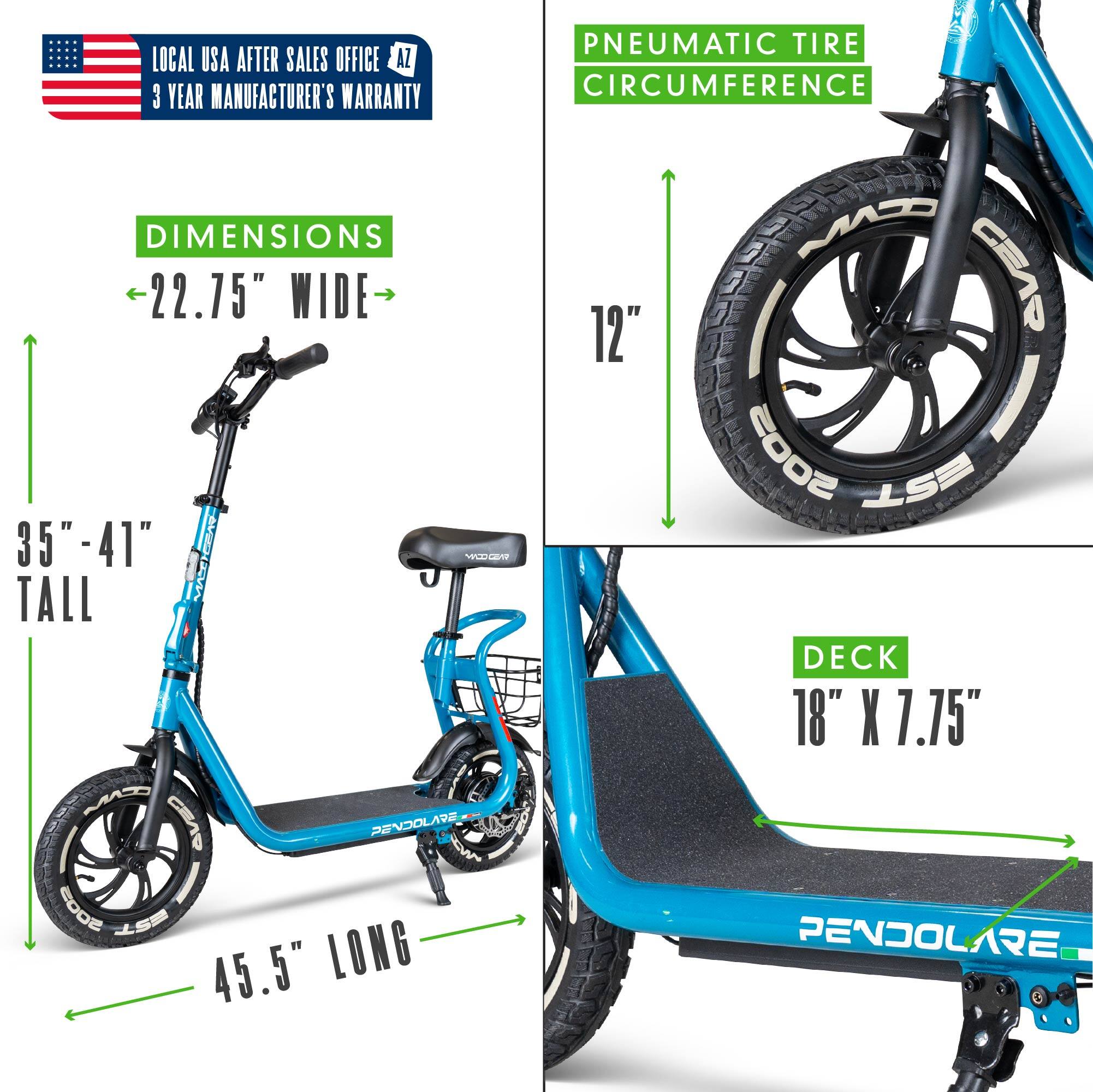 LOCAL USA AFTER SALES OFFICE  
AZ  
3 YEAR MANUFACTURER'S WARRANTY  

DIMENSIONS  
- 22.75" WIDE  
- 35"-41" TALL  
- 45.5" LONG  

PNEUMATIC TIRE CIRCUMFERENCE  
- 12"  

DECK  
- 18" X 7.75"