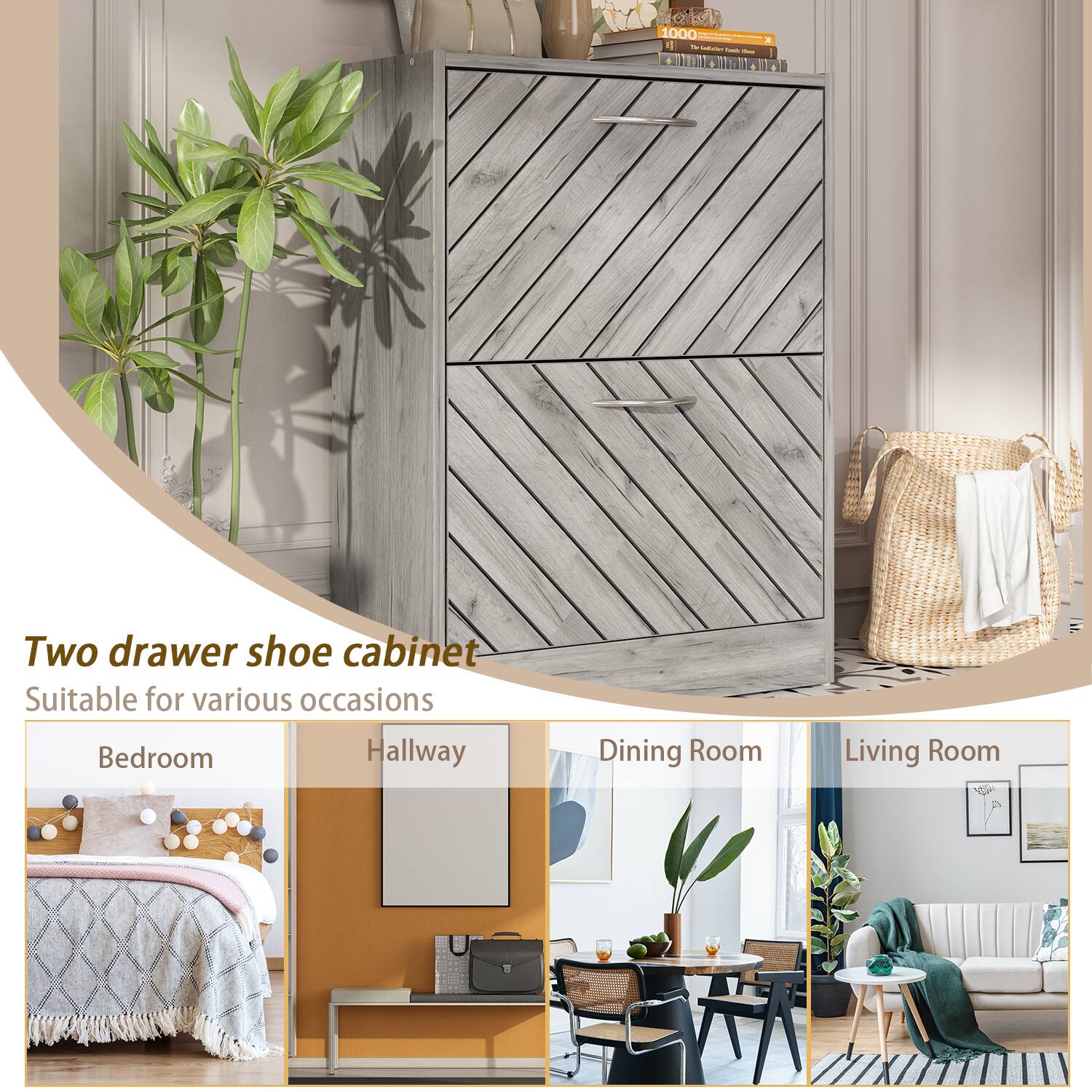 Two drawer shoe cabinet
Suitable for various occasions
Bedroom
Hallway
Dining Room
Living Room