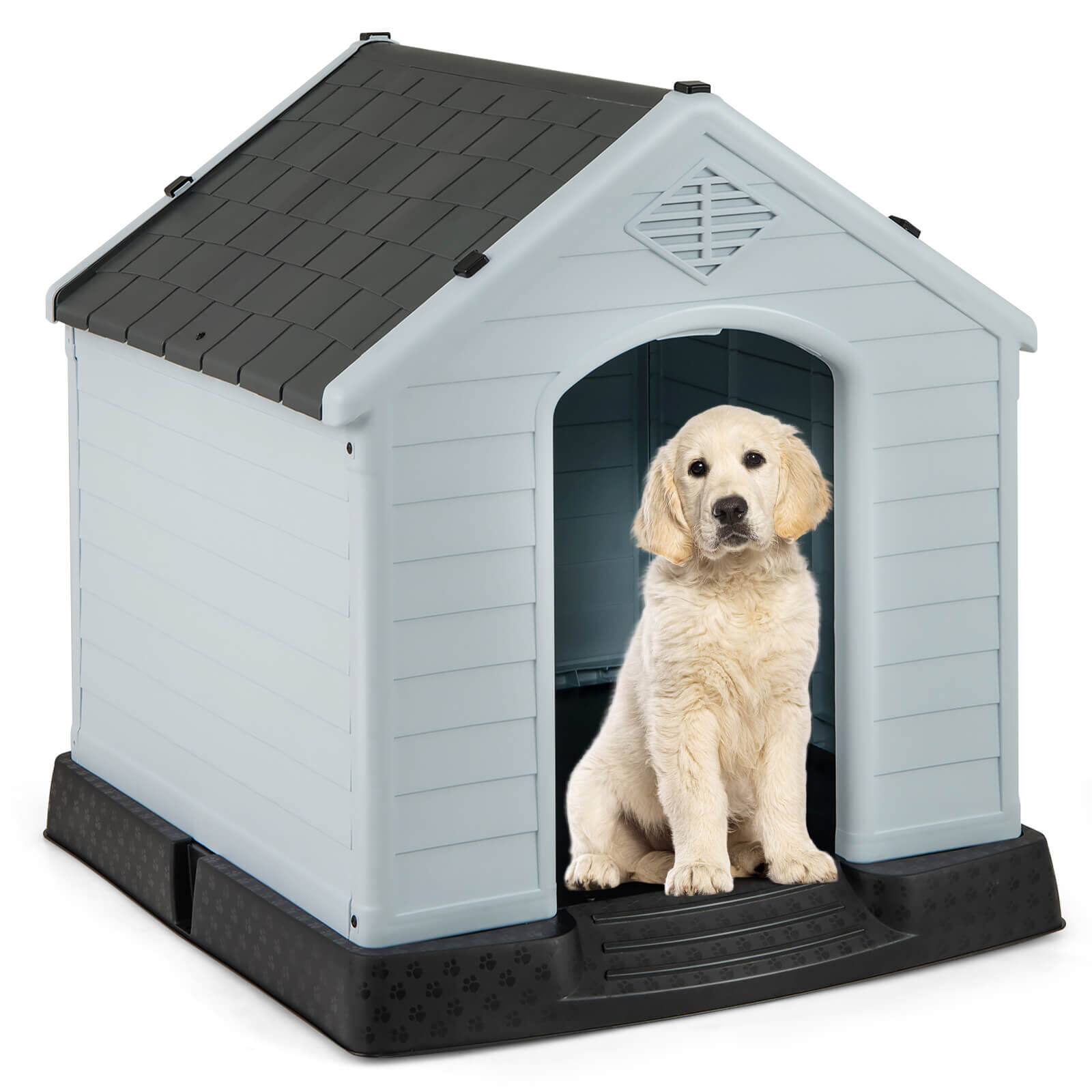 Costway - Enduring Waterproof Plastic Dog House Puppy Shelter w/Sloping Roofs Indoor Outdoor Dog House