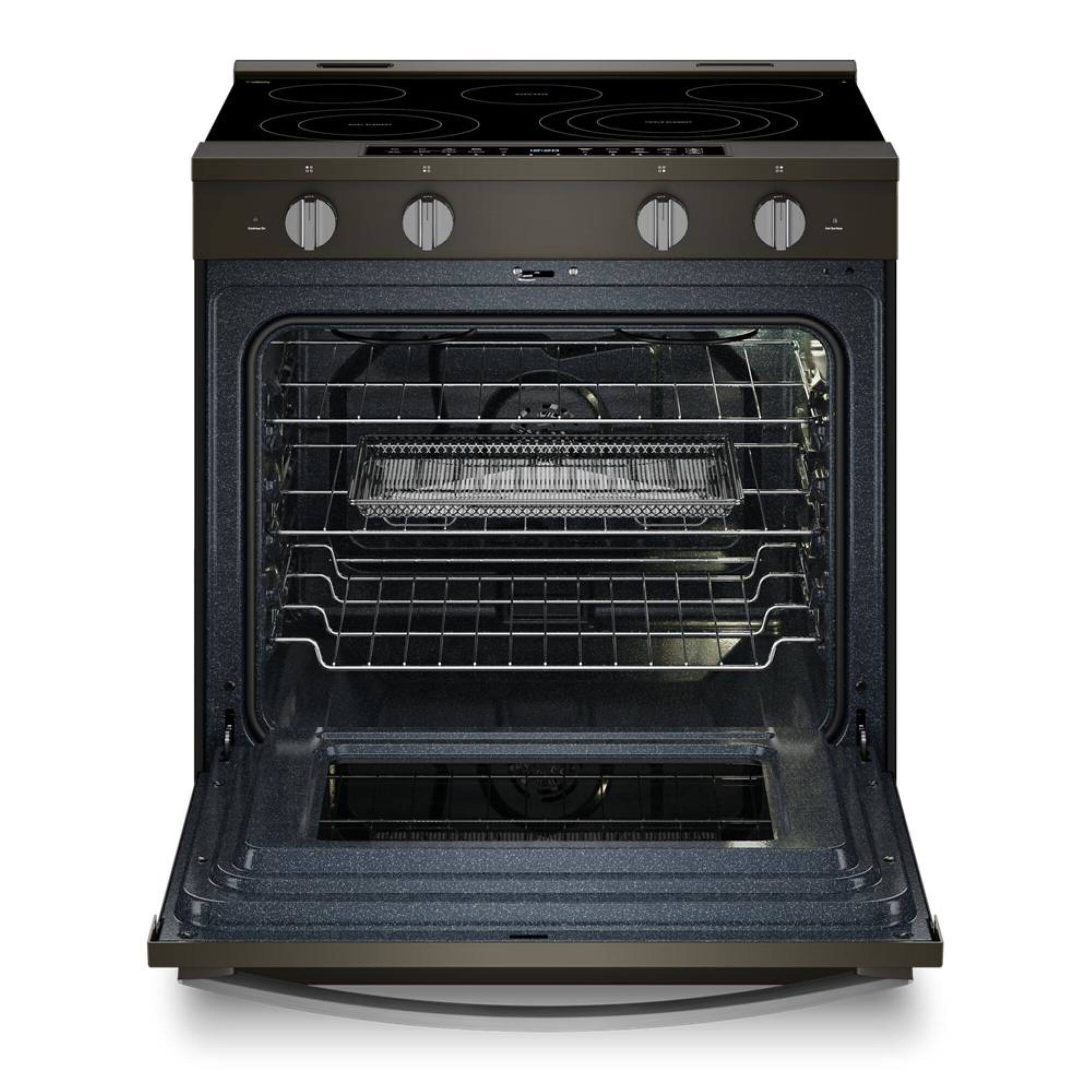 Angle. Whirlpool - 5.3 Cu. Ft. Slide-In Electric True Convection Range with Air Cooking Technology and WipeClean Coating - Black stainless steel.