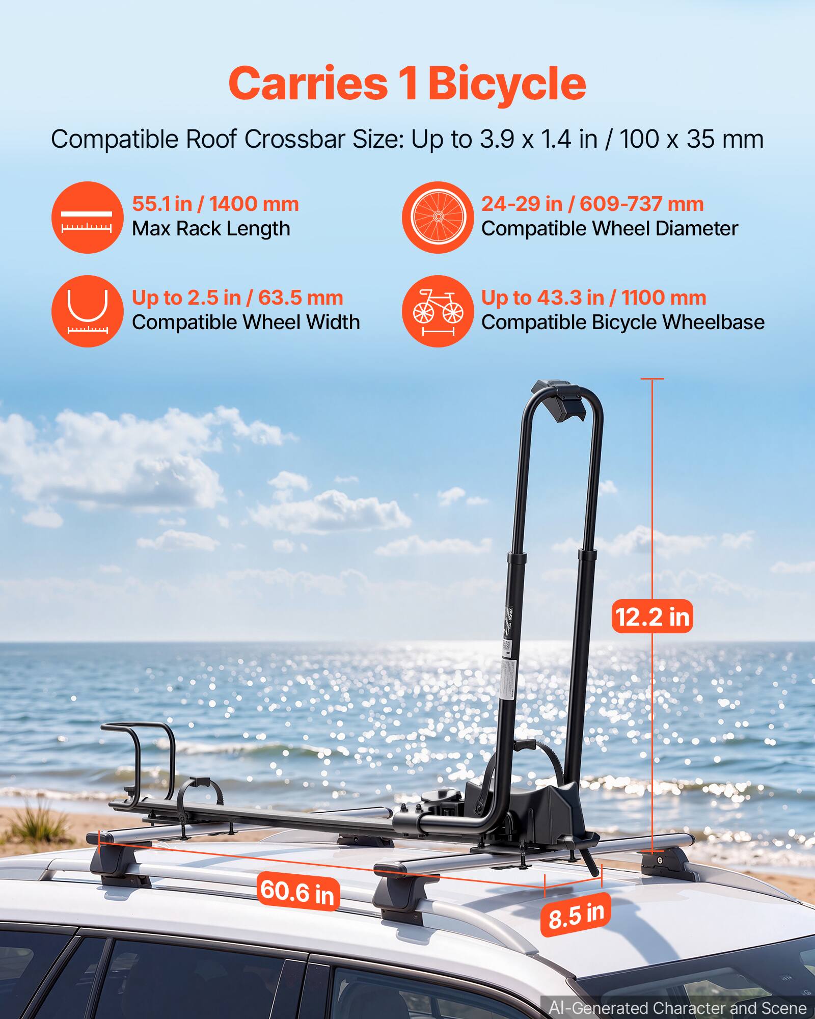 Carries 1 Bicycle  
Compatible Roof Crossbar Size: Up to 3.9 x 1.4 in / 100 x 35 mm  
55.1 in / 1400 mm Max Rack Length  
24-29 in / 609-737 mm Compatible Wheel Diameter  
Up to 2.5 in / 63.5 mm Compatible Wheel Width  
Up to 43.3 in / 1100 mm Compatible Bicycle Wheelbase  
12.2 in  
60.6 in  
8.5 in