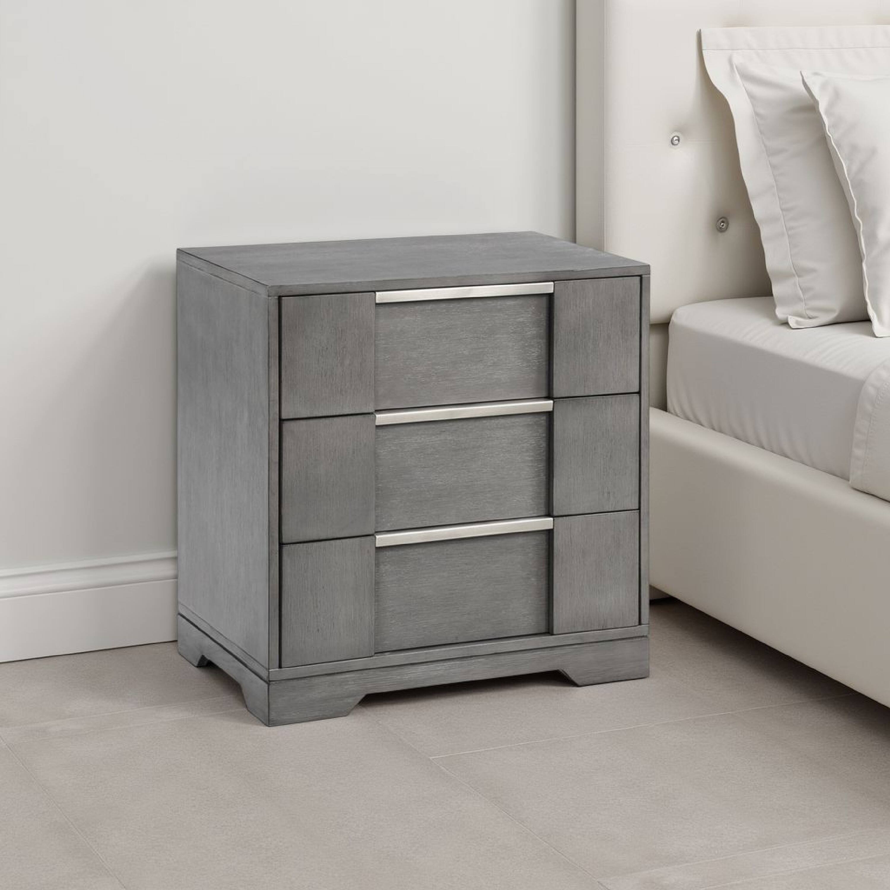 Alt View 5. Manhattan Lane - Levice Nightstand with 3 Drawers, Dovetail Built Solid Wood - Gray, Nickel.