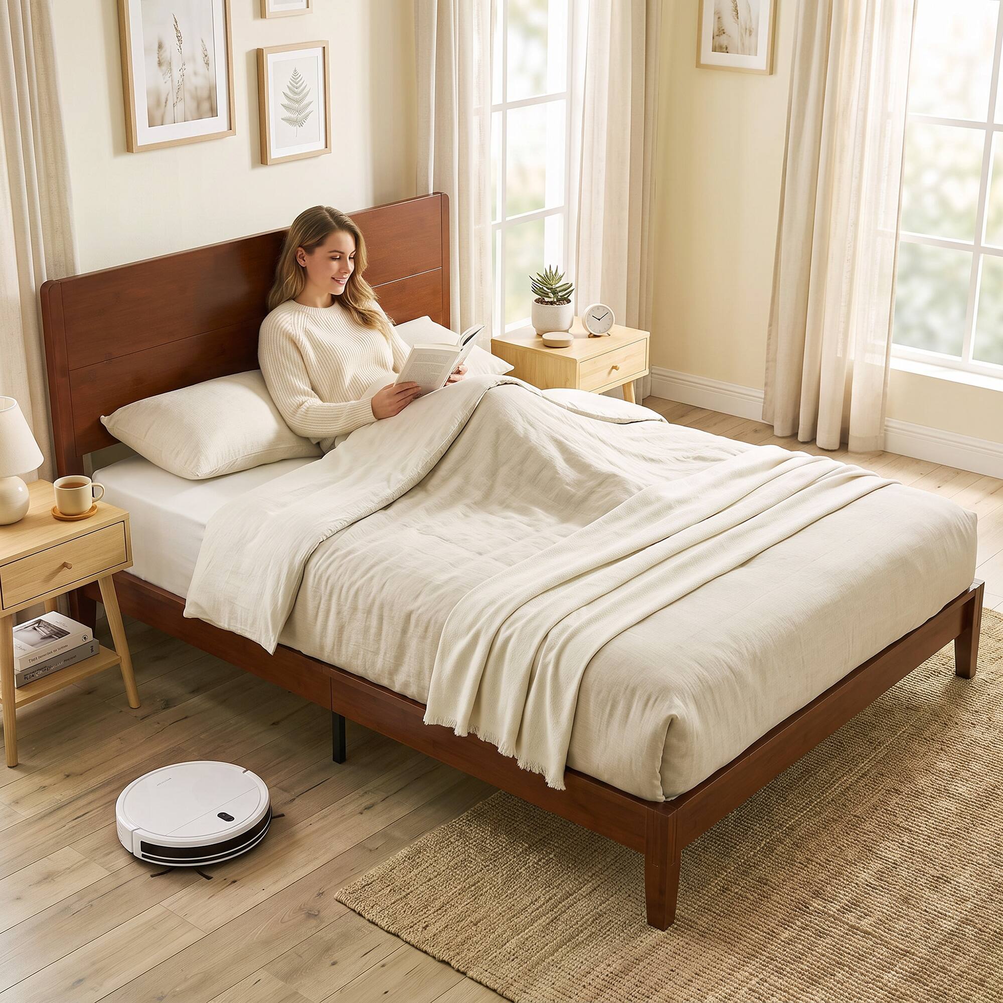Alt View 8. Homcom - Size Bamboo Platform Bed Frame with Headboard and 12 Poplar Slats, No Box Spring Needed - Brown.