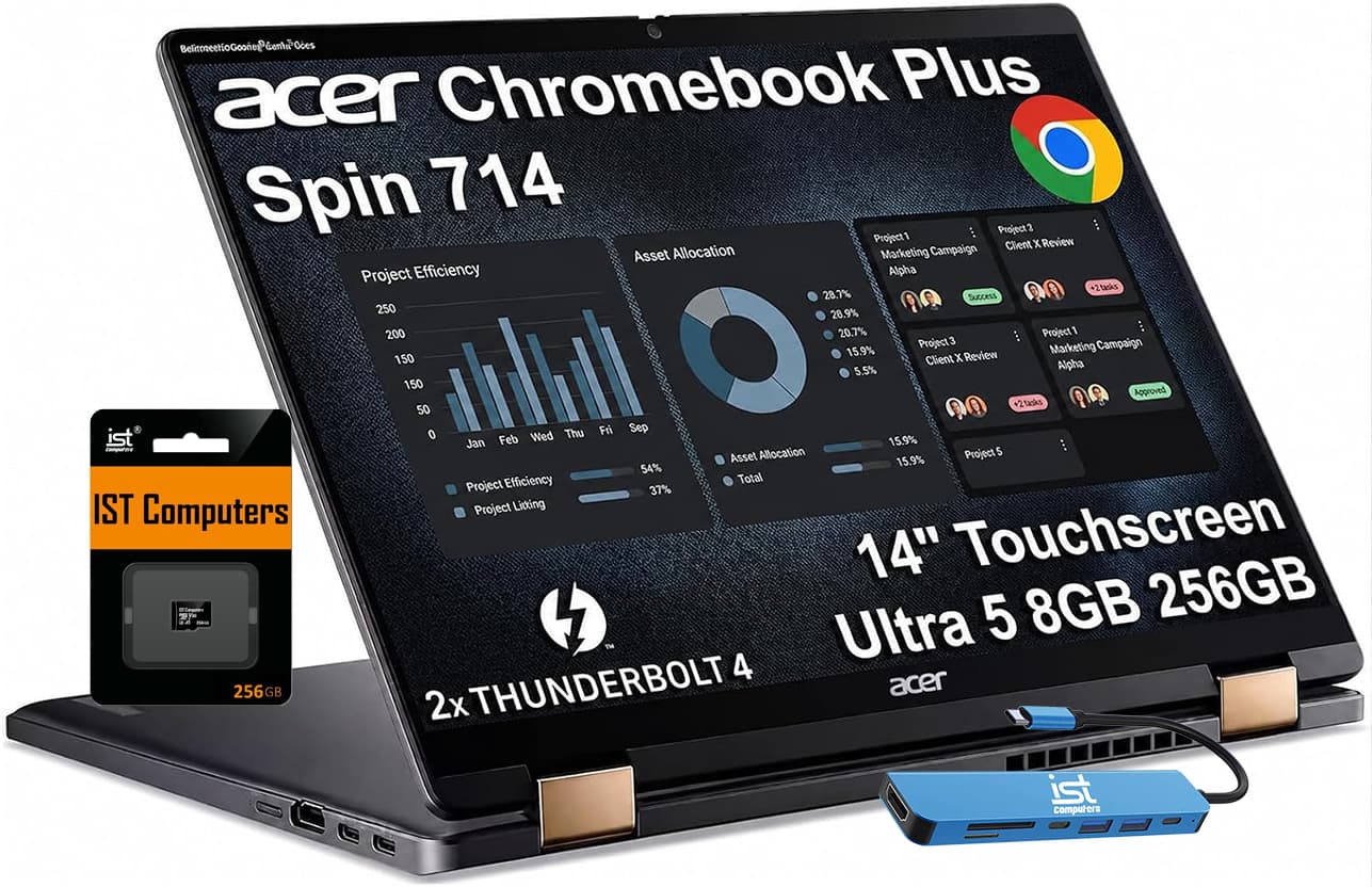 Acer - Chromebook Plus Spin 714 Laptop with Google AI – 14" WUXGA Touch - Intel Core Ultra 5 115U – 8GB RAM – 256GB+256GB SD - IST HUB - 256GB SD Card - Steel Gray