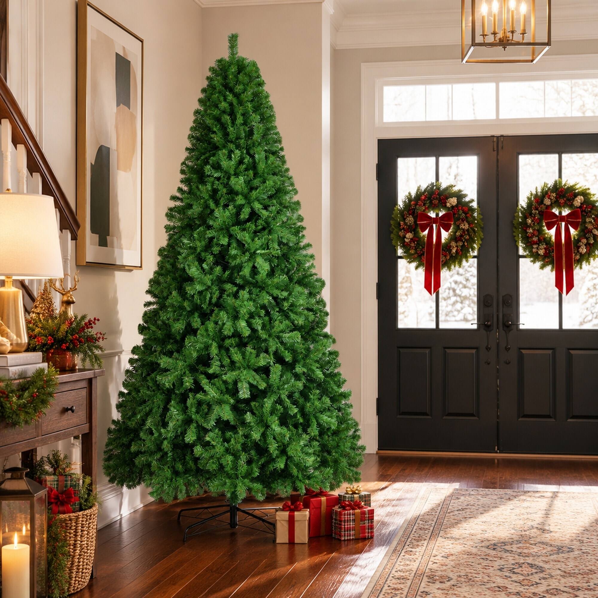 Alt View 2. RYHNUYNE - 9FT Unlit Artificial Christmas Tree With Dense Realistic Spruce Branches and Metal Base, Green - Green.