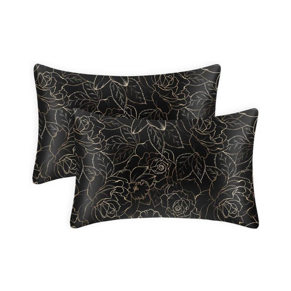 Front. Fabibe - Fabibe Black Satin Silk Rose Pattern Pillowcases - Black.