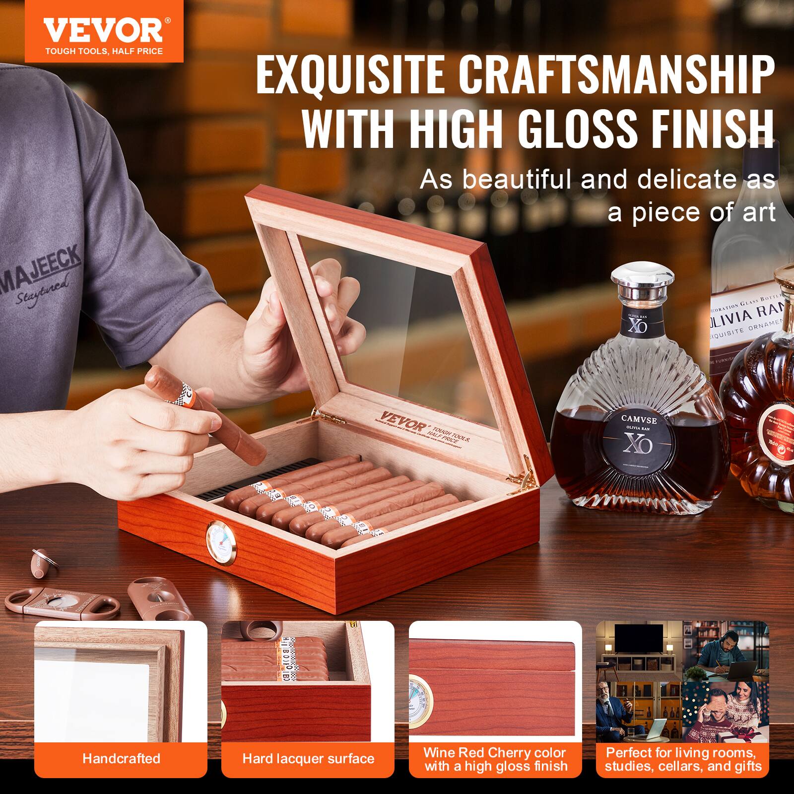VEVOR  
TOUGH TOOLS, HALF PRICE  

EXQUISITE CRAFTSMANSHIP WITH HIGH GLOSS FINISH  
As beautiful and delicate as a piece of art  

Handcrafted  
Hard lacquer surface  
Wine Red Cherry color with a high gloss finish  
Perfect for living rooms, studies, cellars, and gifts