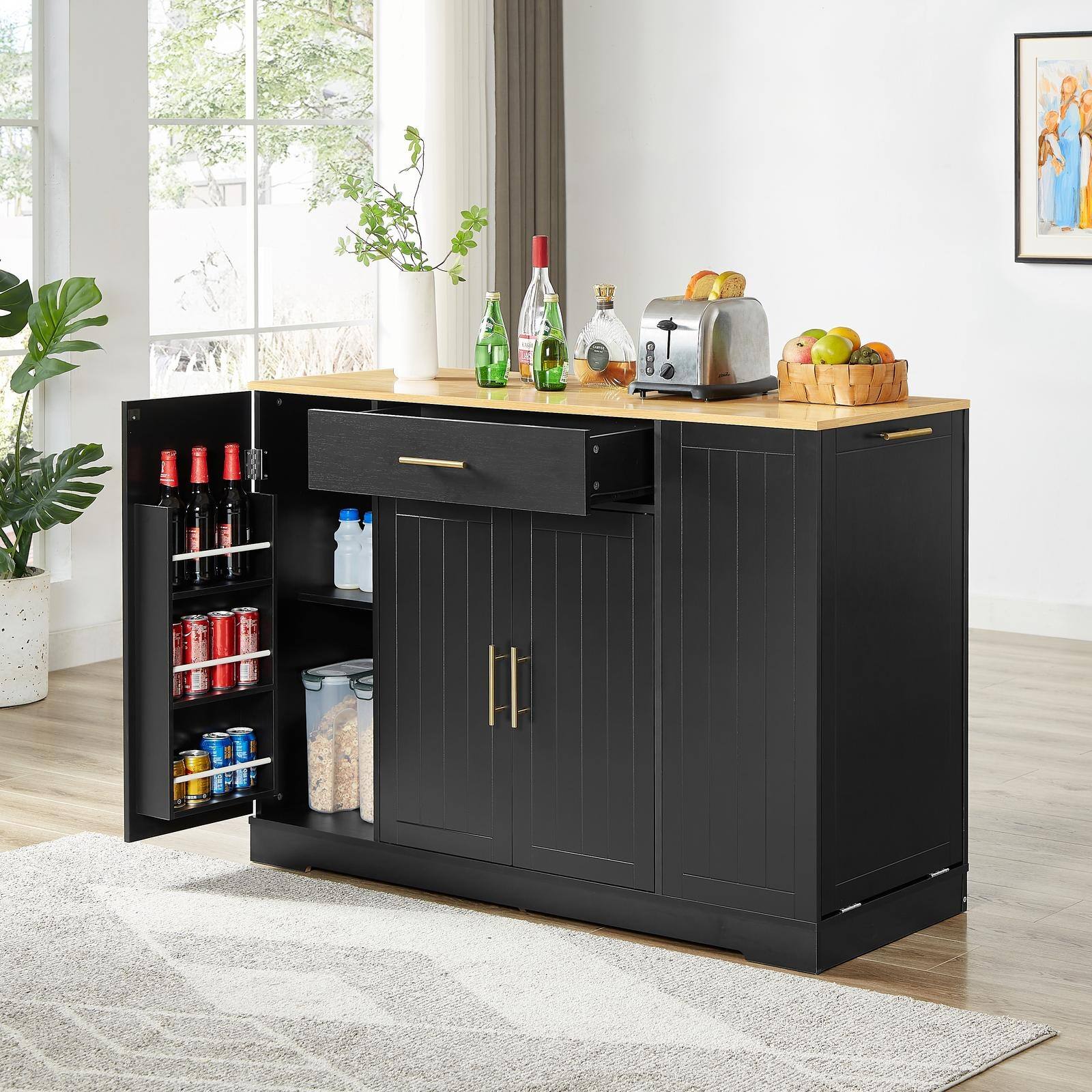Back. Spaco - Spaco 53" Kitchen Island Storage Cabinet with Drawers and Trash Can Storage, Modern Farmhouse Design - Black.
