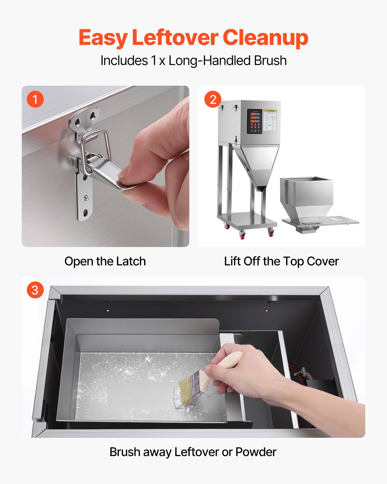 Easy Leftover Cleanup  
Includes 1 x Long-Handled Brush

1. Open the Latch
2. Lift Off the Top Cover
3. Brush away Leftover or Powder