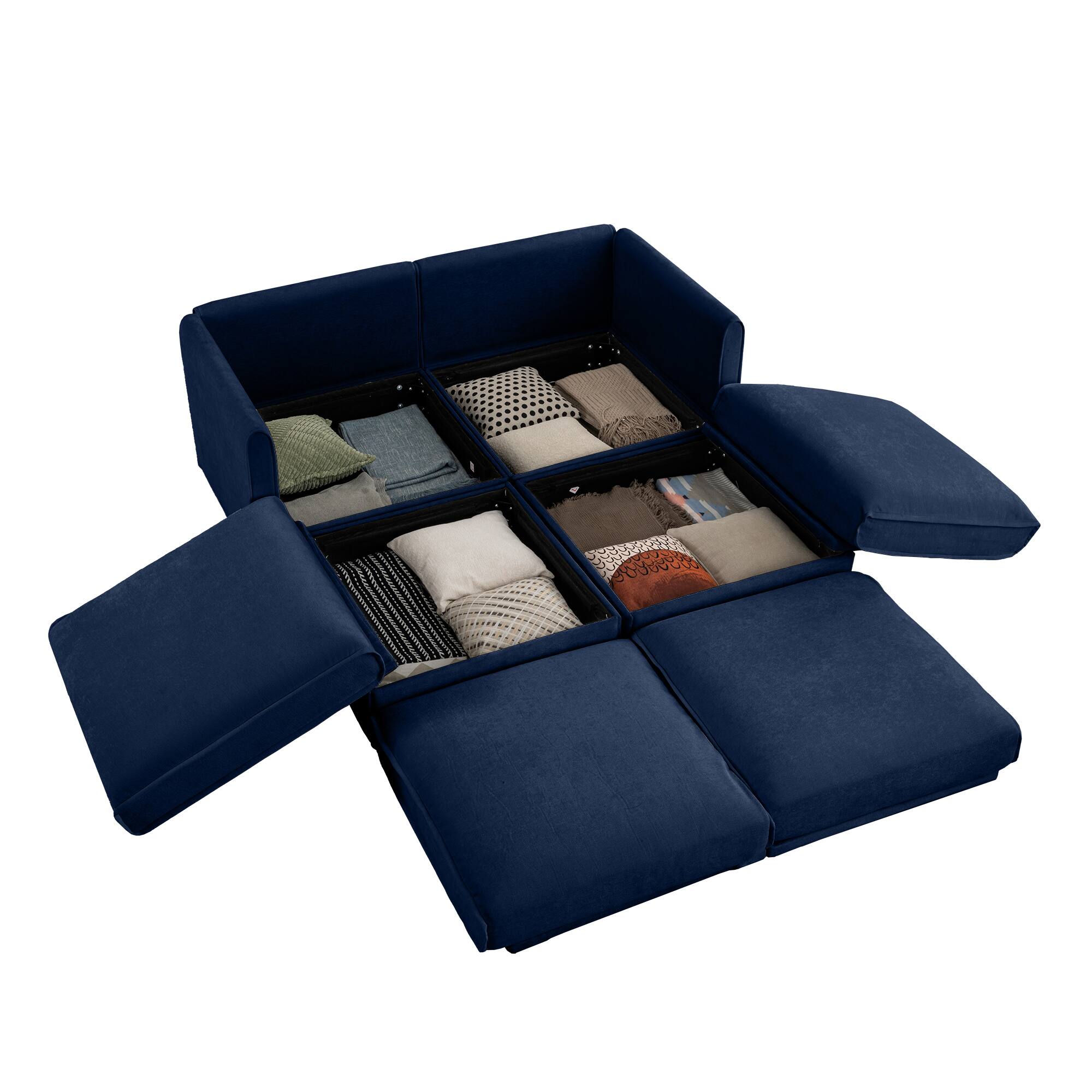 Left. Anysun - Chenille 2-Seater Loveseat with 2 Ottoman Storage - Cylindrical Backrest & Armrests, Modern Hidden Storage Design - Blue.