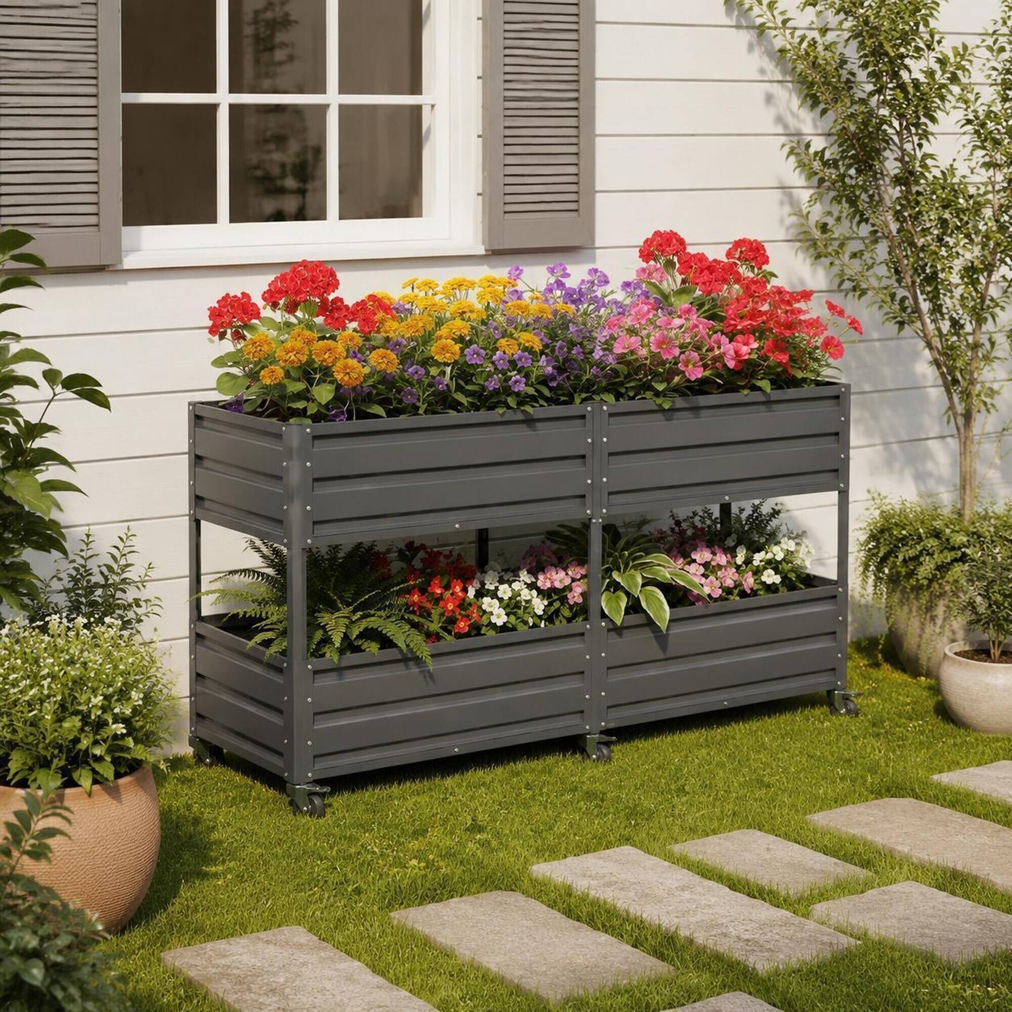 Angle. RYHNUYNE - Grey Elevated Two Tier Metal Raised Garden Bed with Lockable Wheels for Patio Backyard Vegetable Herb and Flower - Grey.