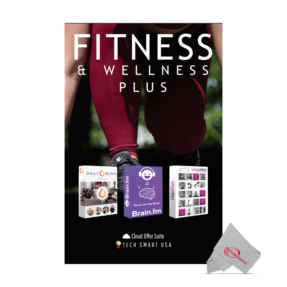 Sure, here is the corrected and grouped text from the image:

---

**FITNESS & WELLNESS PLUS**

- **DAILY BURN**  
  *A Fitness App*

- **Brain.fm**  
  *yogavibes*  
  *Music for the Brain*

- **vegavibes**  
  *SQUISHY*  
  *Music for the Brain*

- **Cloud Offer Suite**  
  *TECH SMART USA*

- **TED'S Electronics**

---