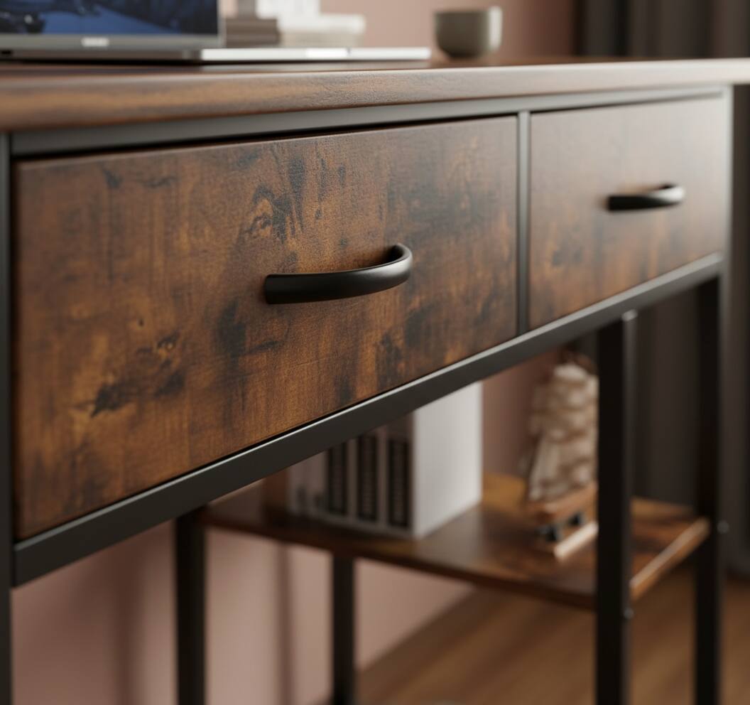 Left. AOITUN - 48 Inch brown Computer Desk, Modern Office Writing Table with 2 Drawers, Storage Shelves for Home & Gaming - Steel.