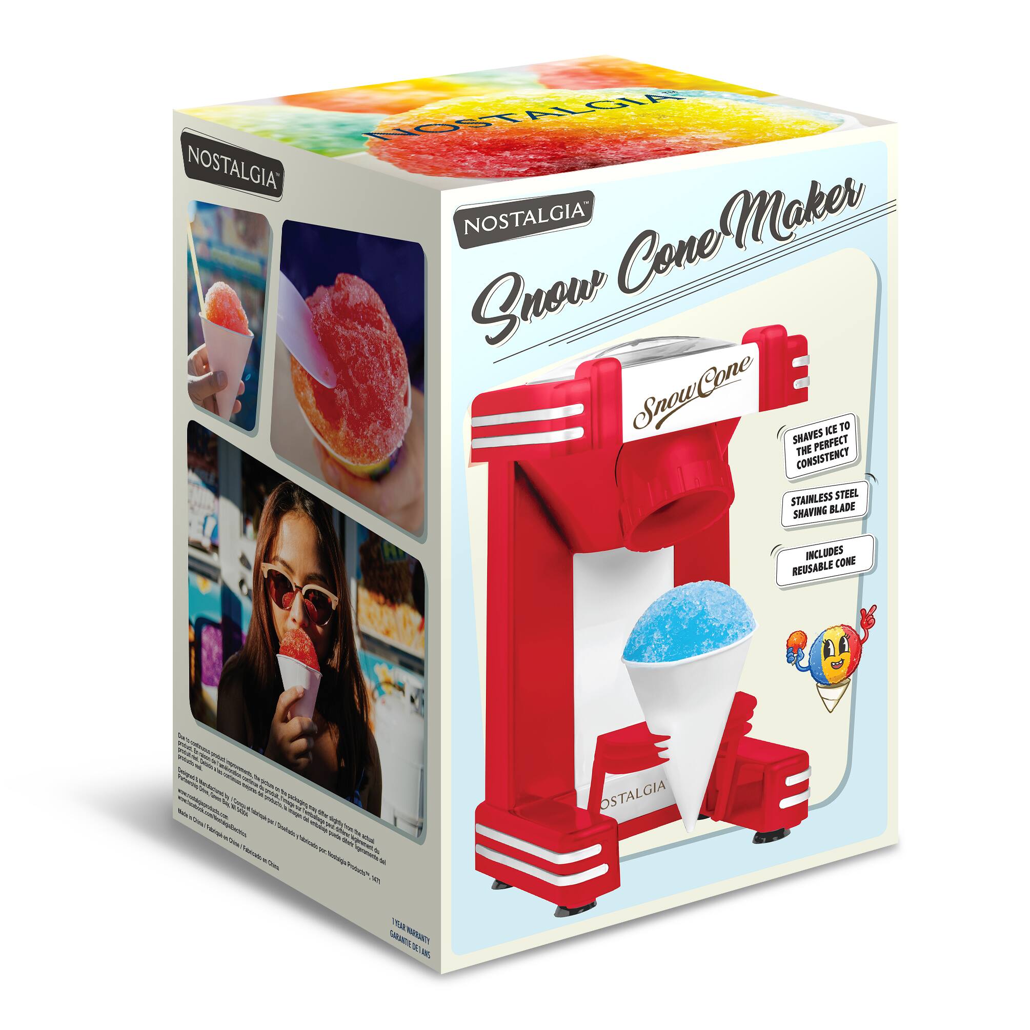NOSTALGIA NOSTALGIA NOSTALGIA Snow Cone Maker SHAVES ICE TO THE PERFECT CONSISTENCY STAINLESS STEEL SHAVING BLADE INCLUDES REUSABLE CONE

www.ps

maturator - oth Netreple mangial A am 20 calcium Leughts septic Clmbu Tota habricado and agonal de 

OSTALGIA

! GARANTIE DET ANS THAUSSON