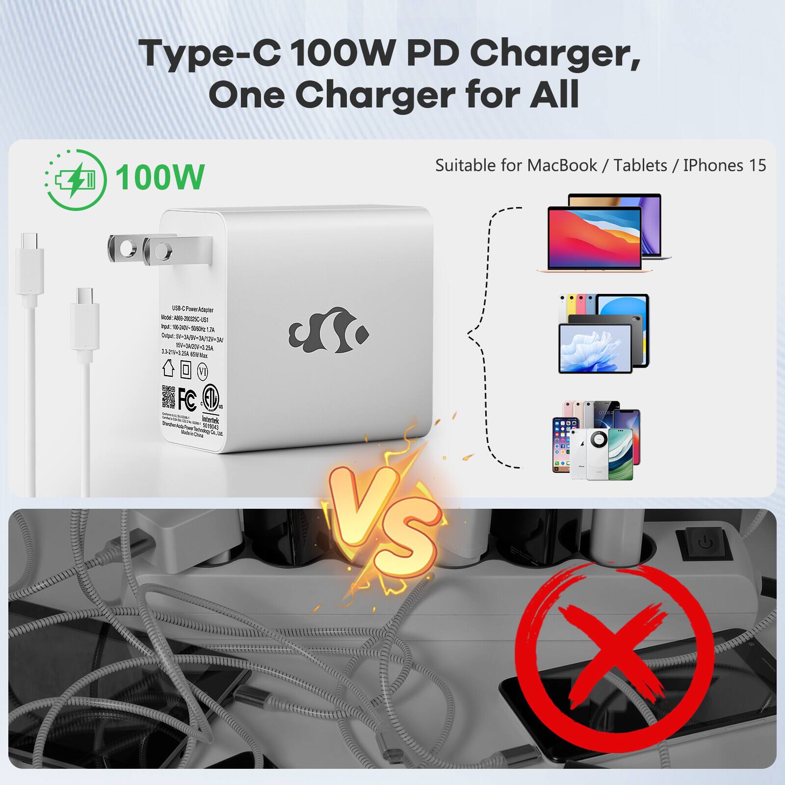 Type-C 100W PD Charger, One Charger for All

100W

Suitable for MacBook / Tablets / iPhones 15

USB-C Power Adapter

Input: 100V-240V~50/60Hz 1.5A

Output: 5V-3A, 9V-3A, 12V-3A, 15V-3A, 20V-5A

100W

USB-C Power Adapter

Input: 100V-240V~50/60Hz 1.5A

Output: 5V-3A, 9V-3A, 12V-3A, 15V-3A, 20V-5A

100W

USB-C Power Adapter

Input: 100V-240V~50/60Hz 1.5A

Output: 5V-3A, 9V-3A, 12V-3A, 15V-3A, 20V-5A

100W