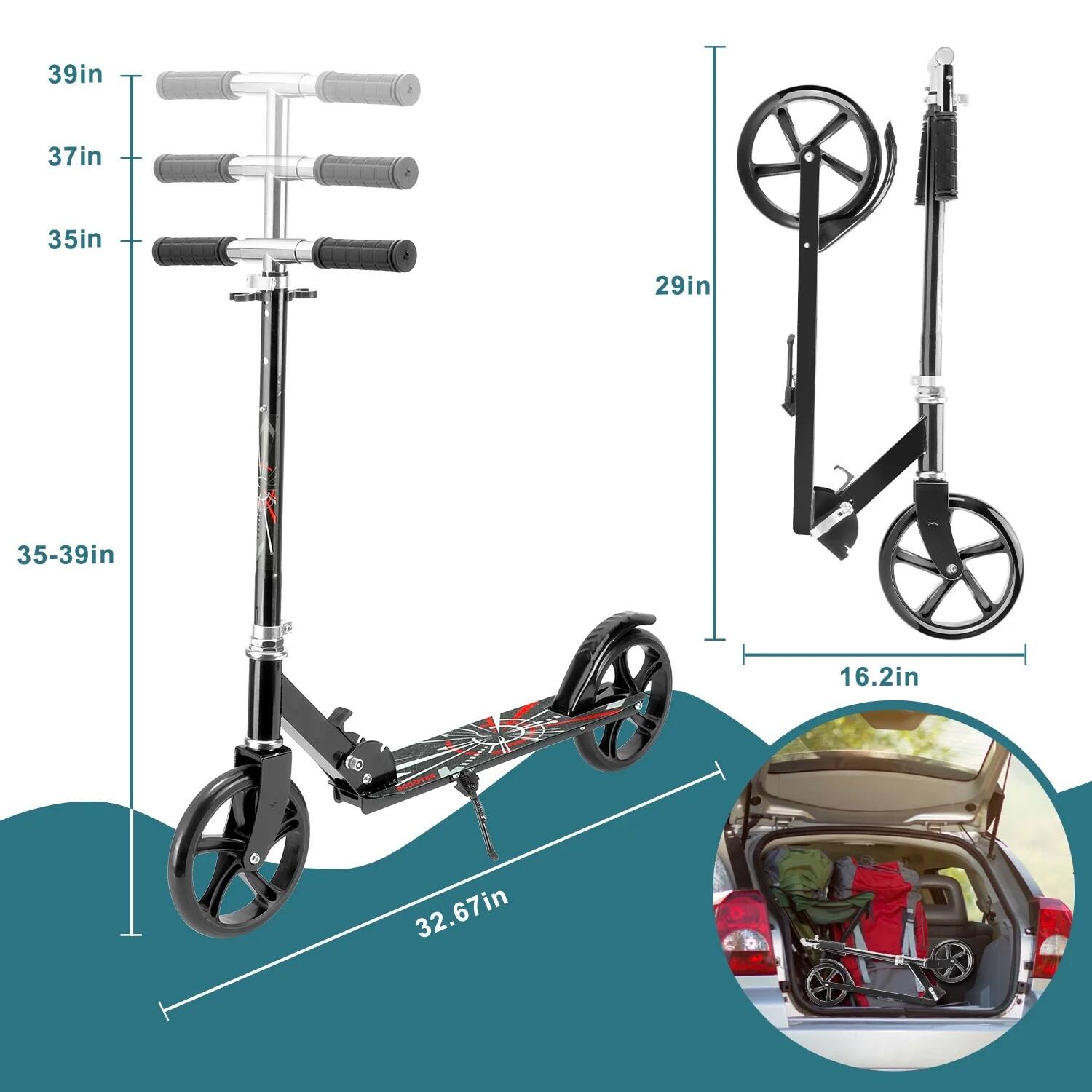 - Height: 35-39 inches
- Handlebar height: 35in, 37in, 39in
- Wheelbase: 32.67 inches
- Width: 16.2 inches
- Folded height: 29 inches