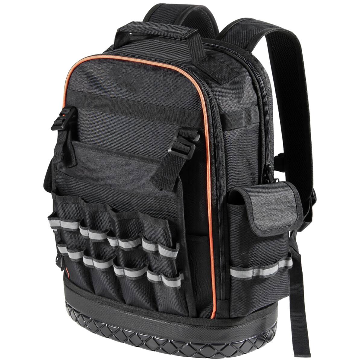 Angle. HTUTWOO - Tool Backpack - 64 Pockets Tear-resistant Jobsite Backpack for Electrician, Heavy Duty Tool Storage, Durable Work Bag - Black+Orange.