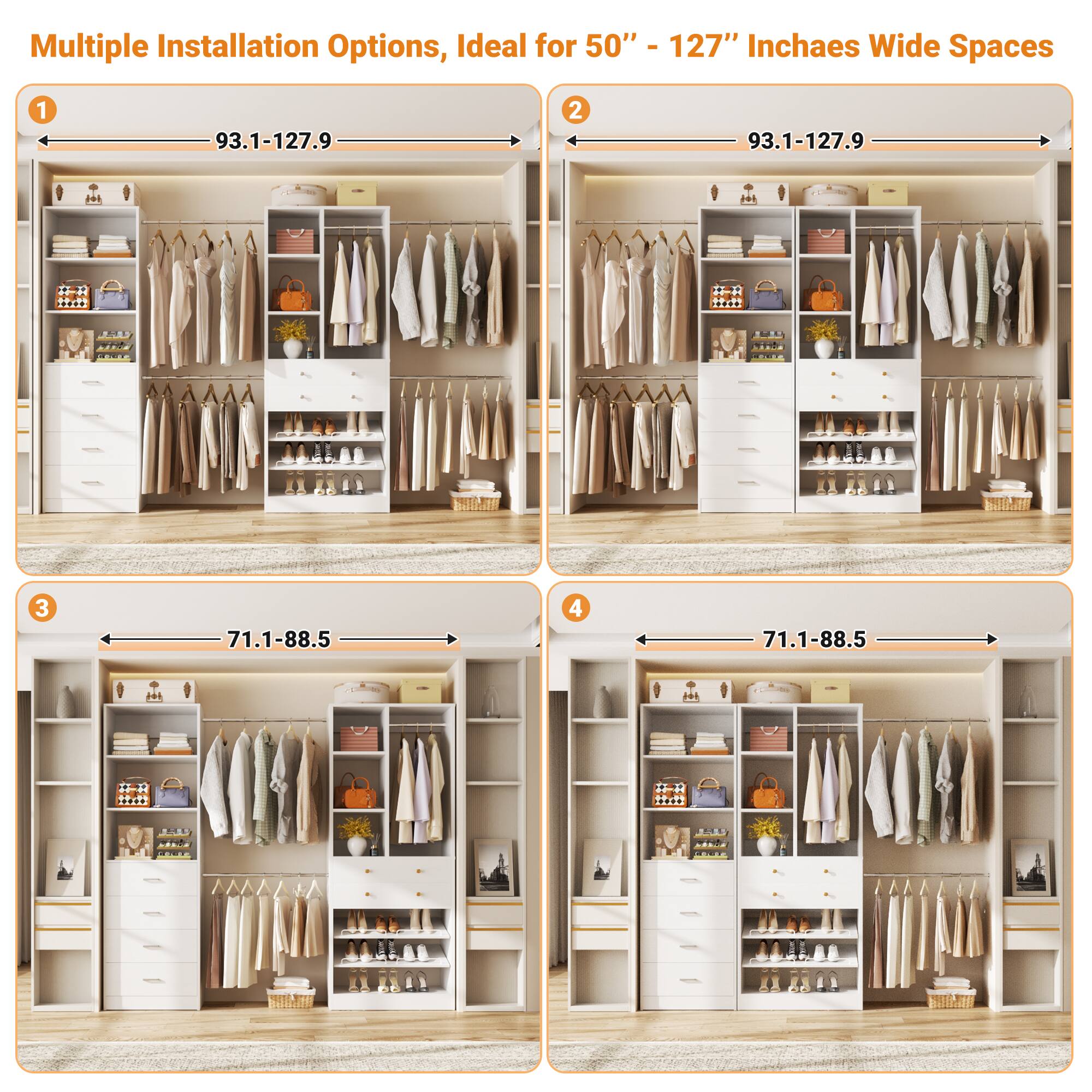 Multiple Installation Options, Ideal for 50" - 127" Inchaes Wide Spaces

1. 93.1-127.9
2. 93.1-127.9
3. 71.1-88.5
4. 71.1-88.5