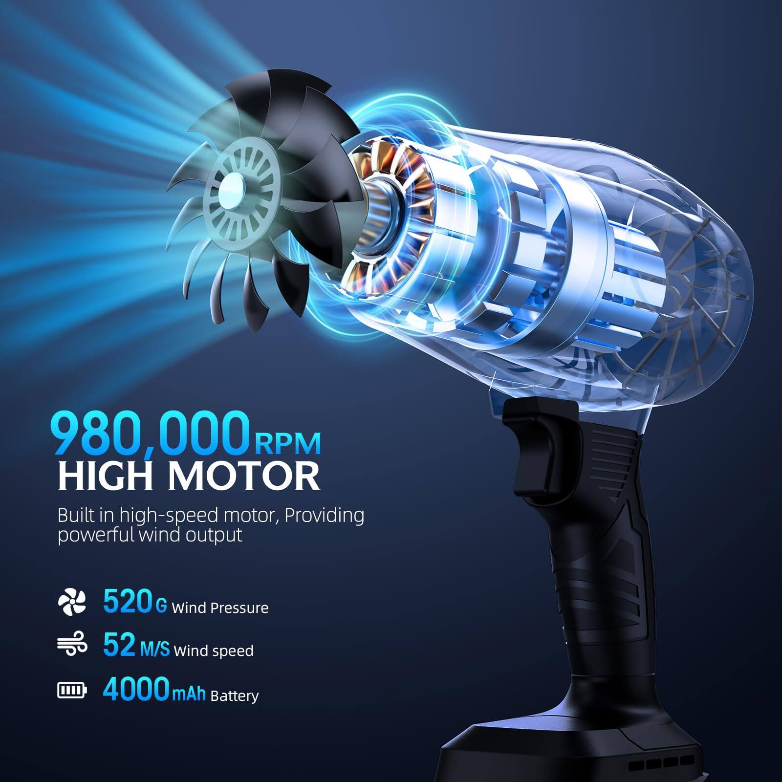 980,000 RPM HIGH MOTOR  
Built in high-speed motor, Providing powerful wind output  

520 G Wind Pressure  
52 M/S Wind speed  
4000 mAh Battery