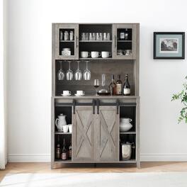 Babevy - 70" Farmhouse Barn Door Wine & Coffee Hub - Tall Hutch Buffet with 6-Bottle Rack & 12 Glass Holder for Kitchen - Gray