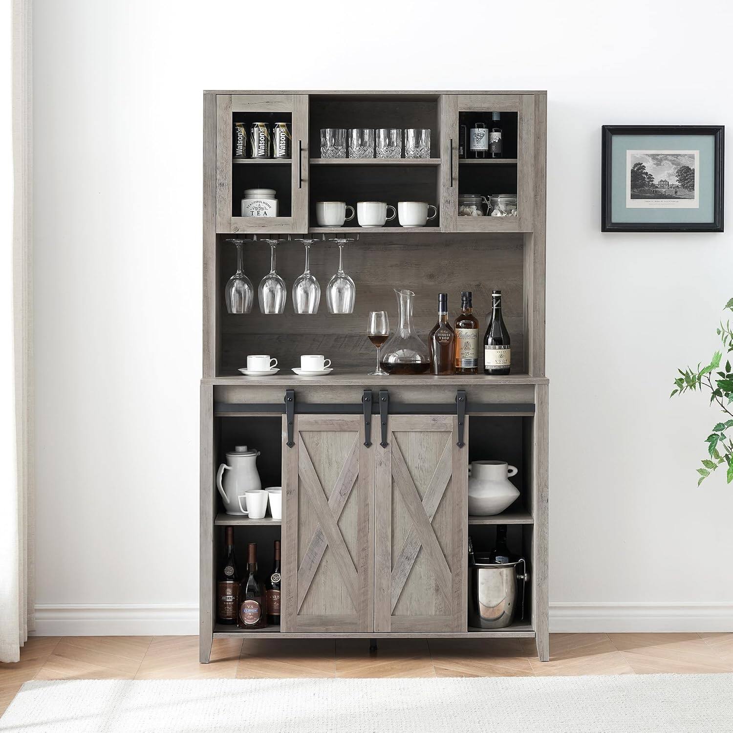 Front. Babevy - 70" Farmhouse Barn Door Wine & Coffee Hub - Tall Hutch Buffet with 6-Bottle Rack & 12 Glass Holder for Kitchen,Gray - Gray.