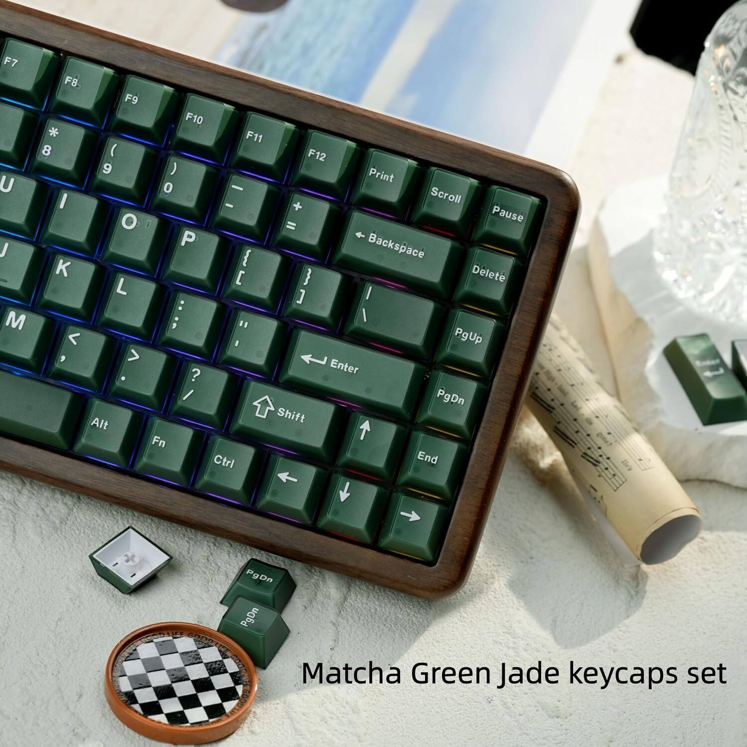 F7 F8 F9 F10 F11 F12 8 ( 9 ) U I O P - + 0 = Backspace Print Scroll Pause Delete L : " ? Enter PgUp PgDn Alt Shift Fn Ctrl End Matcha Green Jade keycaps set