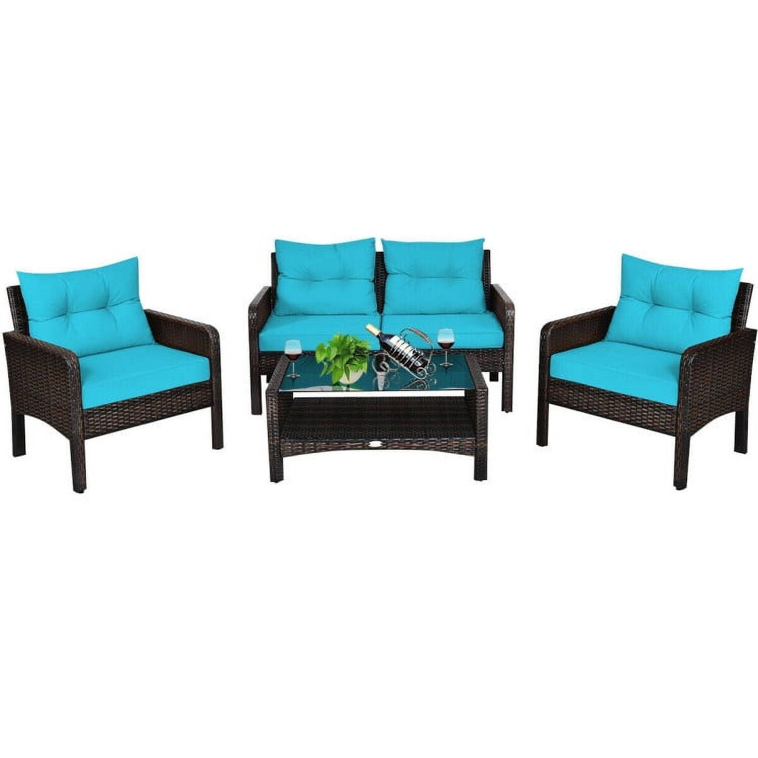 Alt View 3. Kadyn - 3 Pieces Patio Rattan Furniture Set, Outdoor Furniture Garden Conversation Sets with Cushion and Sofa Armrest-Turquoise - Blue.