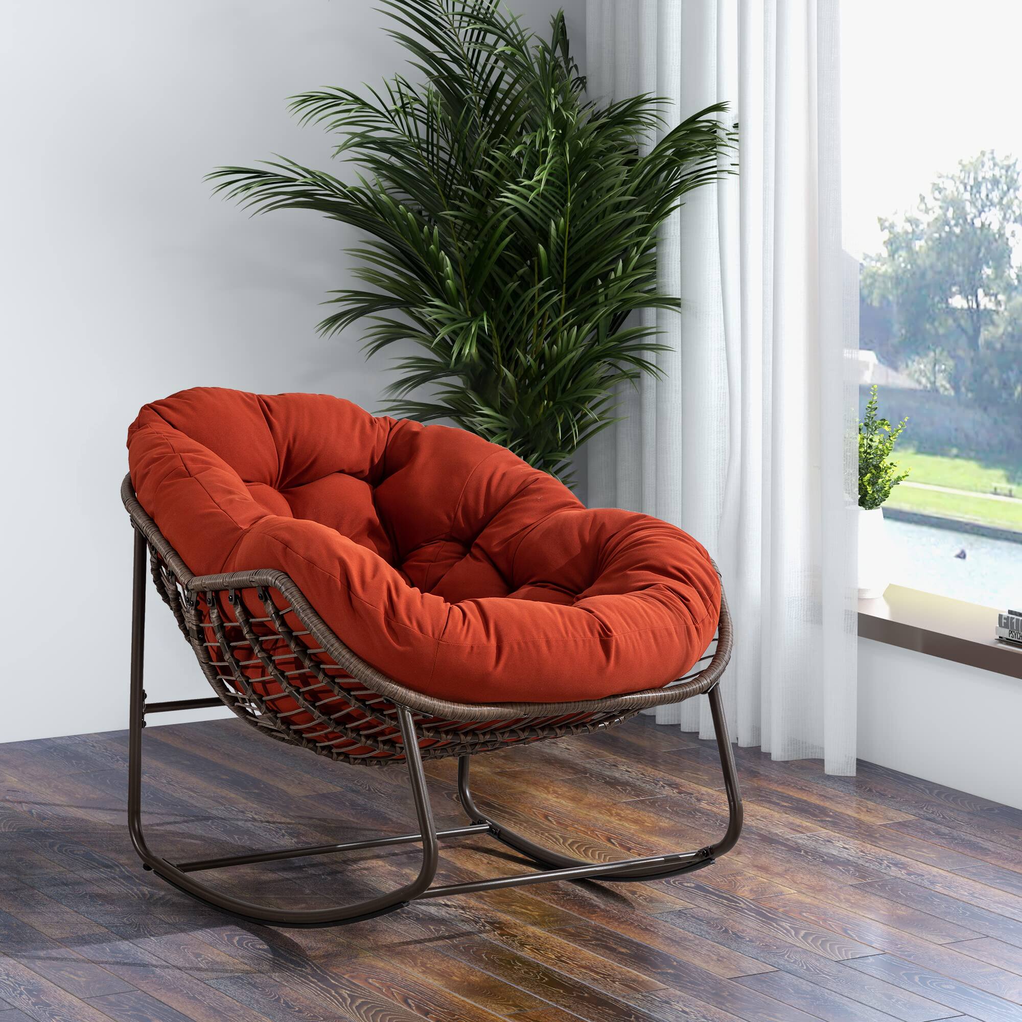Angle. GOODSILO - Outdoor Rattan Rocking Chair Padded Cushion Rocker Recliner for Porch, Living Room, Patio, Garden - Orange.