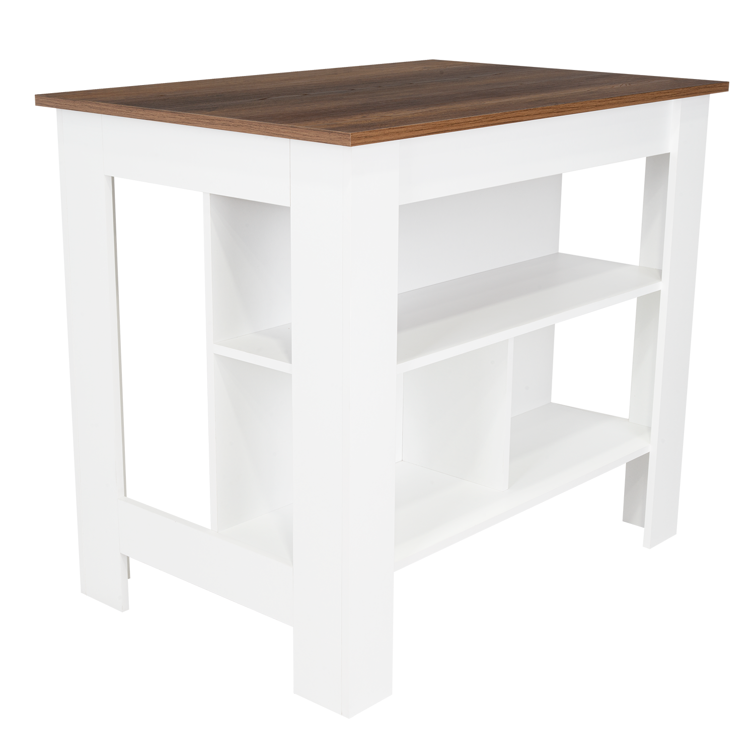 Left. TuHome - Cala Kitchen Island, Four Legs, Three Shelves, White and Walnut - White, Walnut.