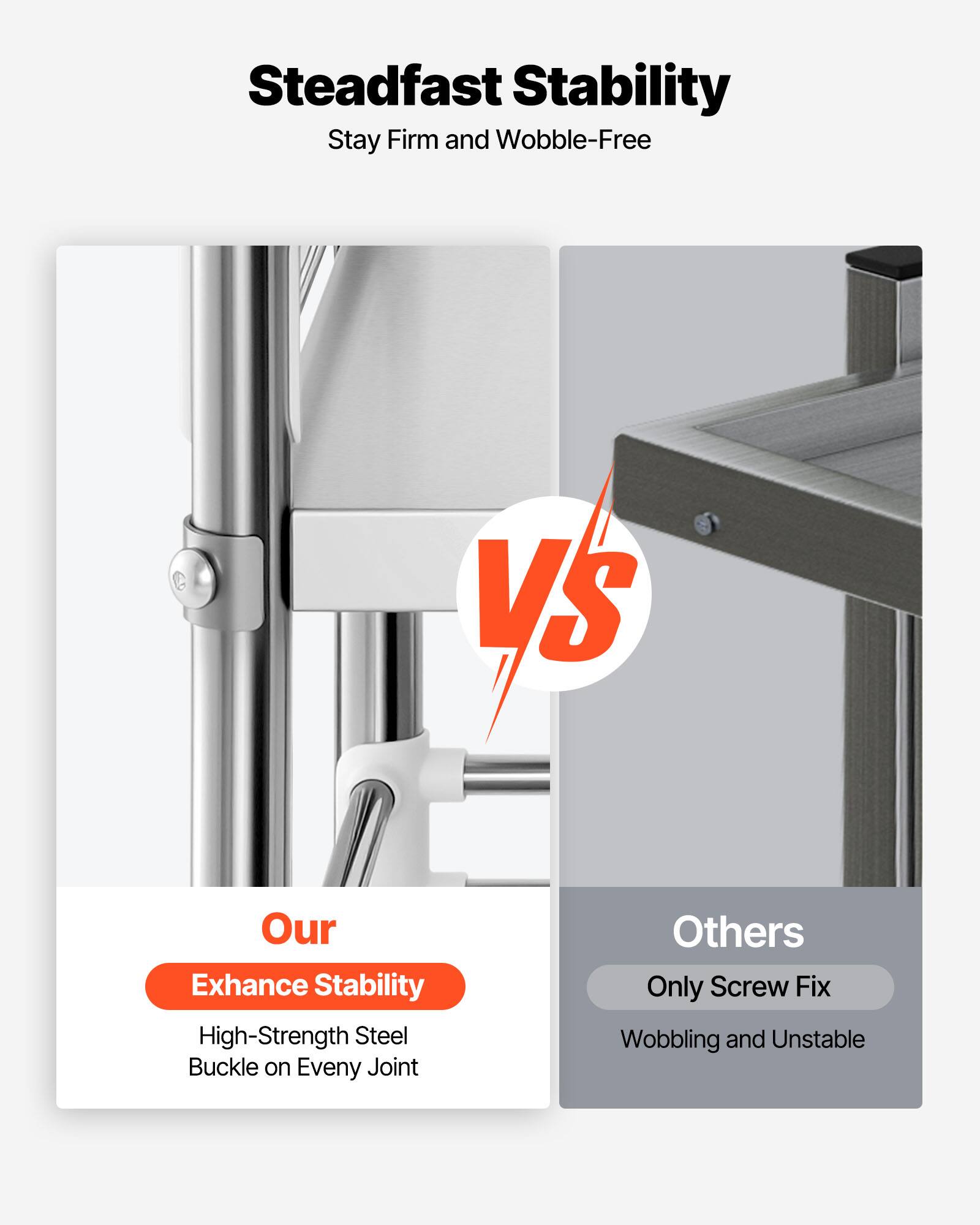 Steadfast Stability  
Stay Firm and Wobble-Free  

VS  

Our  
Exhance Stability  
High-Strength Steel Buckle on Every Joint  

Others  
Only Screw Fix  
Wobbling and Unstable