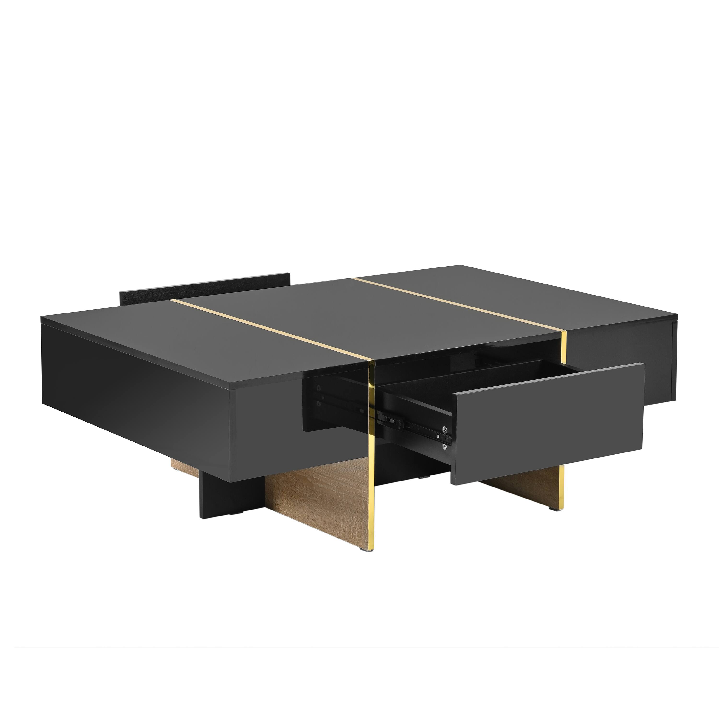 Alt View 7. Tiramisubest - Minimalist High Gloss Coffee Table with 2 Drawers,Multi-Storage Rectangle Sofa Table with Golden Wood Grain Legs,Black - Black.