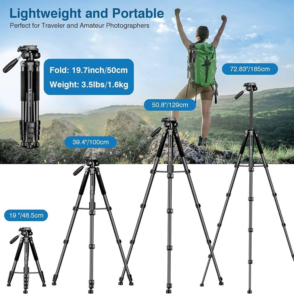 Lightweight and Portable  
Perfect for Traveler and Amateur Photographers  

Fold: 19.7inch/50cm  
Weight: 3.5lbs/1.6kg  

50.8"/129cm  
72.83"/185cm  
39.4"/100cm  
19"/48.5cm