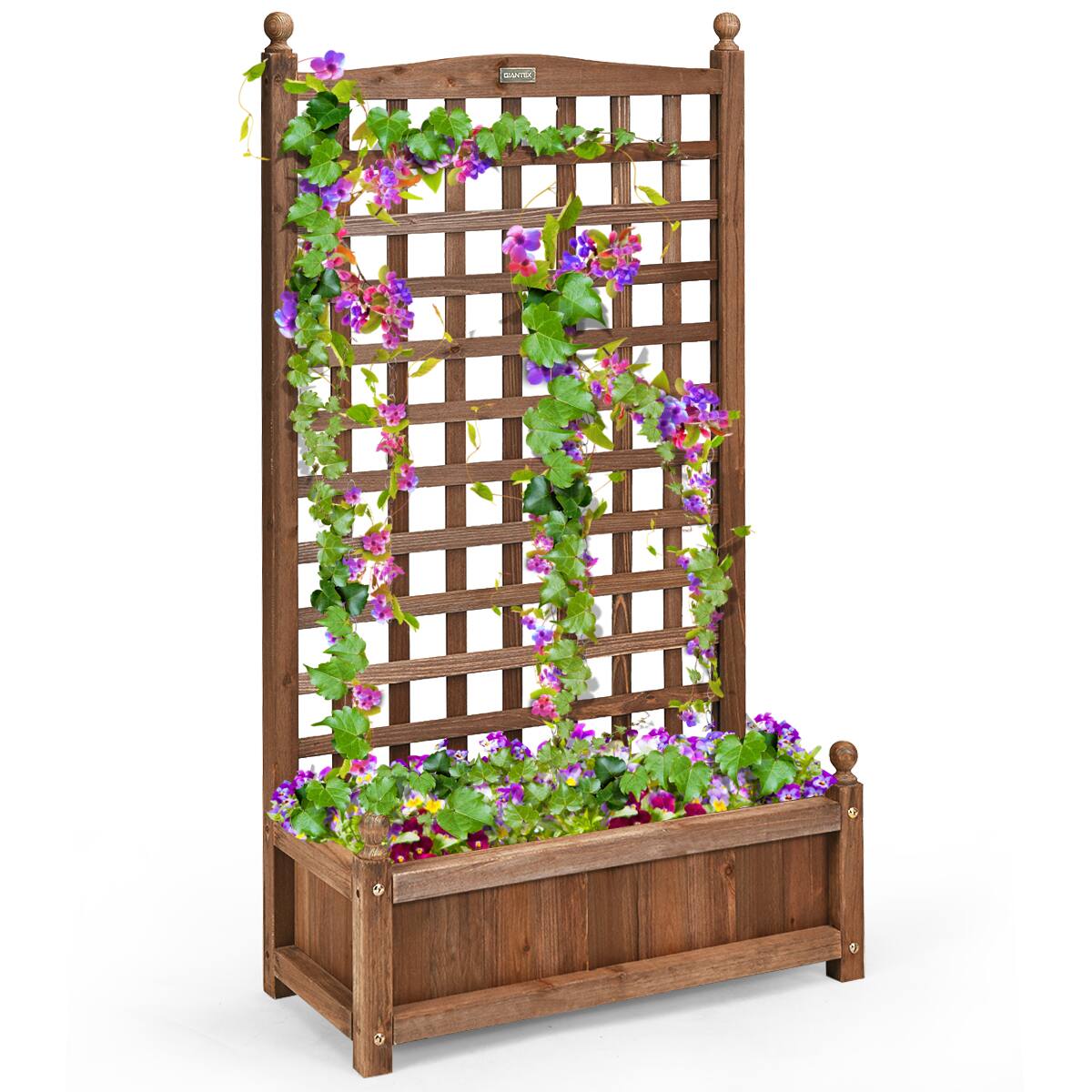 Costway - Solid Wood Planter Box with Trellis Weather-Resistant Outdoor 25''x11''x48'' - Dark brown