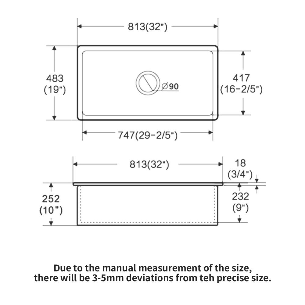 813 (32")  
483 (19")  
90  
417 (16-2/5")  
747 (29-2/5")  
813 (32")  
18 (3/4")  
252 (10")  
232 (9")  

Due to the manual measurement of the size, there will be 3-5mm deviations from the precise size.