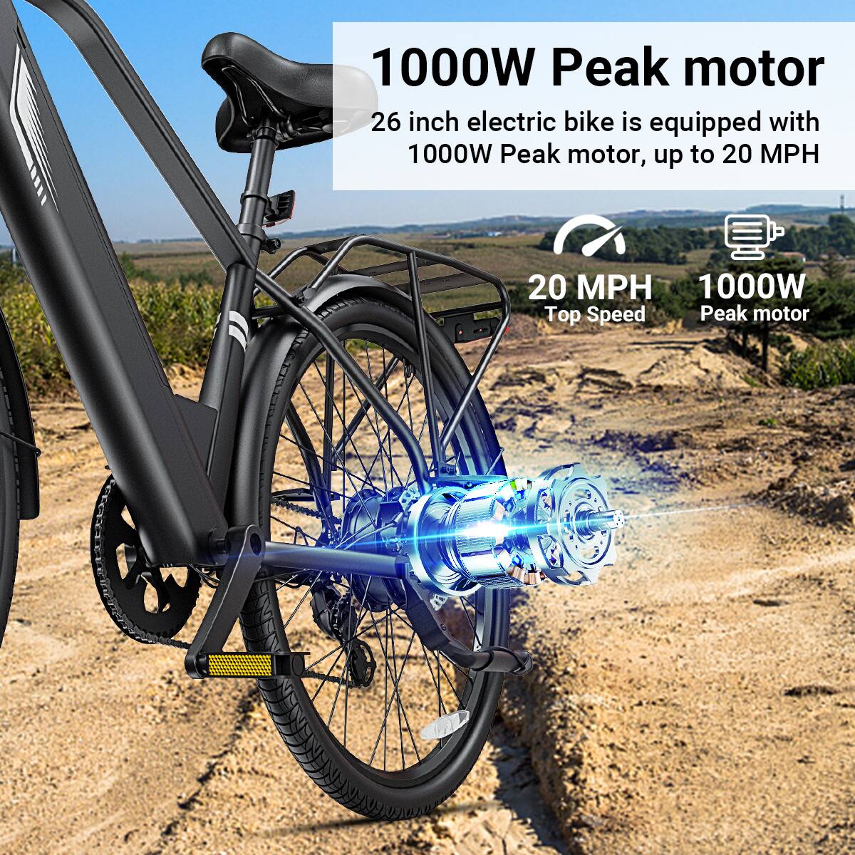 1000W Peak motor  
26 inch electric bike is equipped with 1000W Peak motor, up to 20 MPH  

20 MPH  
Top Speed  

1000W  
Peak motor
