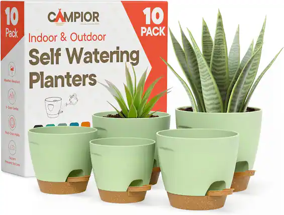 10 Pack CAMPIOR Everyday Essentials Indoor & Outdoor Self Watering Weather-Resistant Planters 5 Sizes Combo Multi-Drain Holes Saucers Prevents Soil Loss