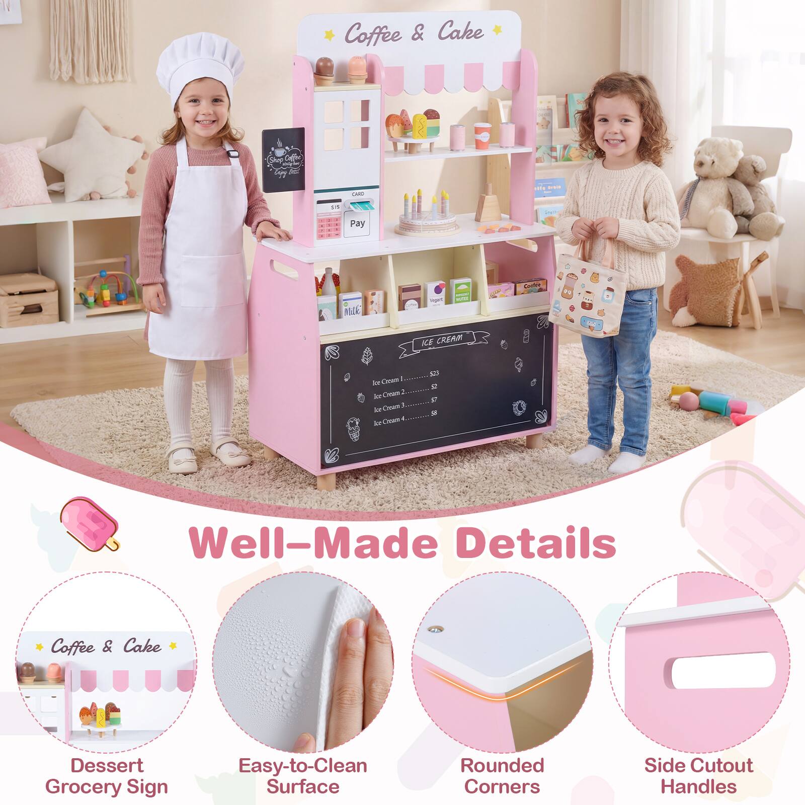 Coffee & Cake  
Shop Coffee lozy  
CARD  
the  
55  
Pay  
Previded  
Milk  
Vigart  
WITH  
Coffee  
ICE CREAM  
Soc Cream le Cream Cream 3 Aee kc Cream  
$23 52 58  
Well-Made Details  
Coffee & Cake  
Dessert Grocery Sign  
Easy-to-Clean Surface  
Rounded Corners  
Side Cutout Handles