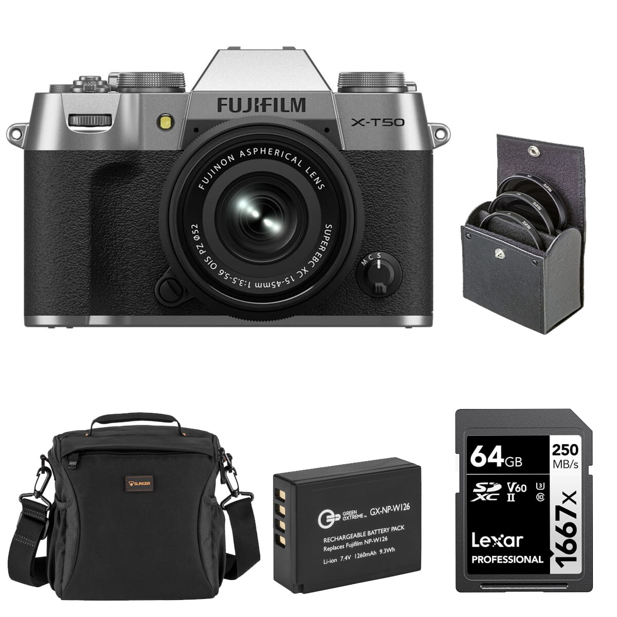 Bundle - Fujifilm - X-T50 Camera XC 15-45mm f/3.5-5.6 Lens,Silver,Battery,64GB Card