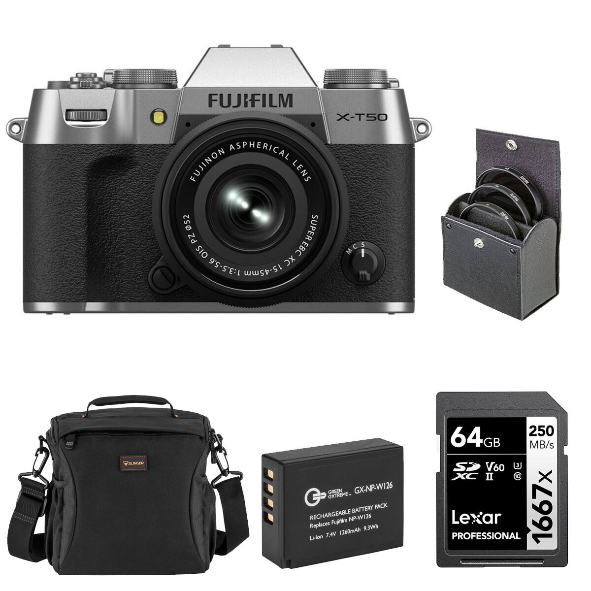 FUJIFILM X-T50 ASPHERICAL FUJINON LENS 052 SUPER PZ 5 EBC MC3 C OIS M I 1:3.5-5.6 XC 15-45mm

'BLACER OREEN GX-NP-W126 G CXTRME BATTERY PACK RECHARGEABLE NP.W/26

Replaces Pujlfim 1260mAh ENLe Lion T.AV

250 64GB MB/s SP V60 6 XC II X PROFESSIONAL Lexar 1667