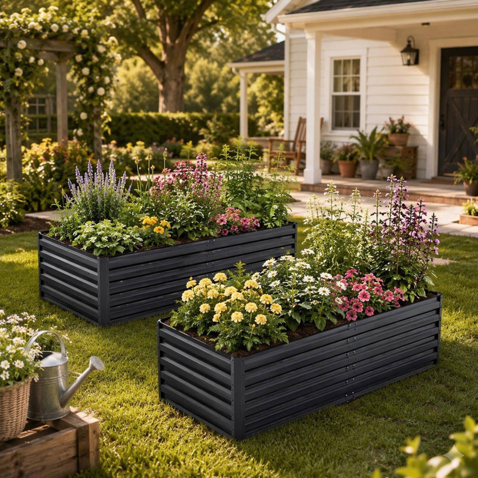 Angle. RYHNUYNE - 2-Pack Galvanized Steel Raised Garden Beds 6x3x2 FT Rustproof Colored Planter Boxes for Vegetables Flowers Herbs - Black.