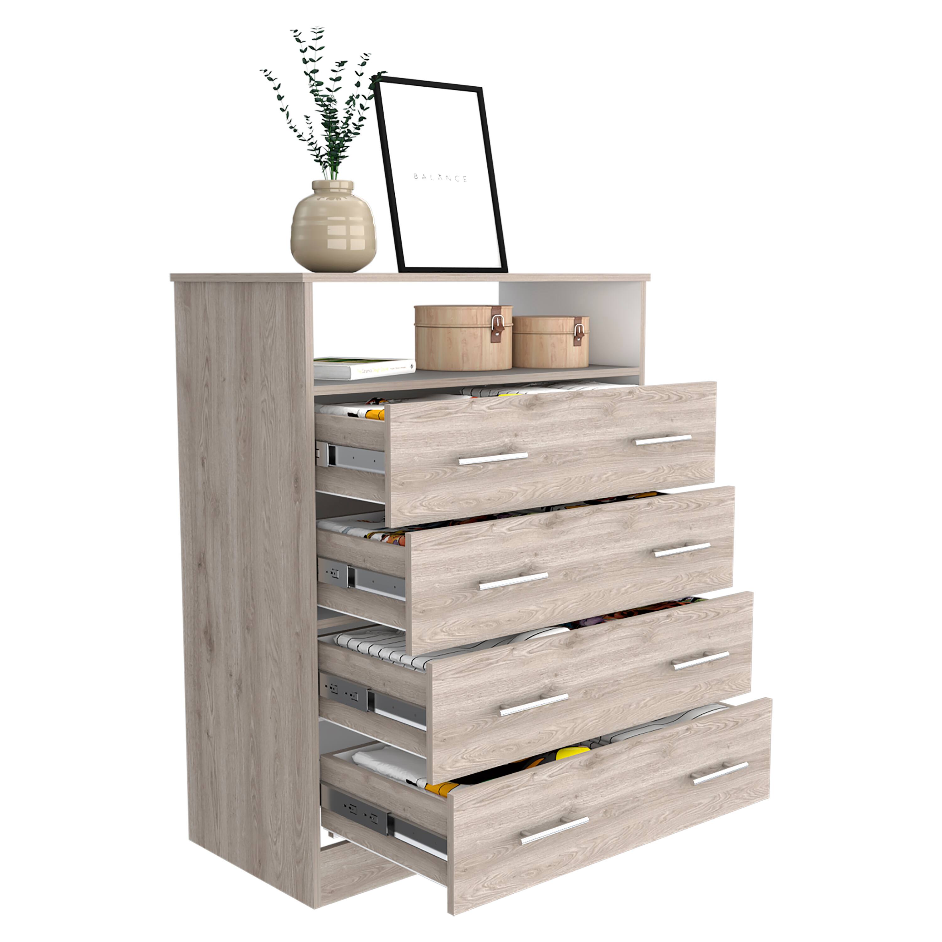 Alt View 1. TuHome - Peru L Four Drawer Dresser, Superior Top, One Open Shelf - Light Gray / White.