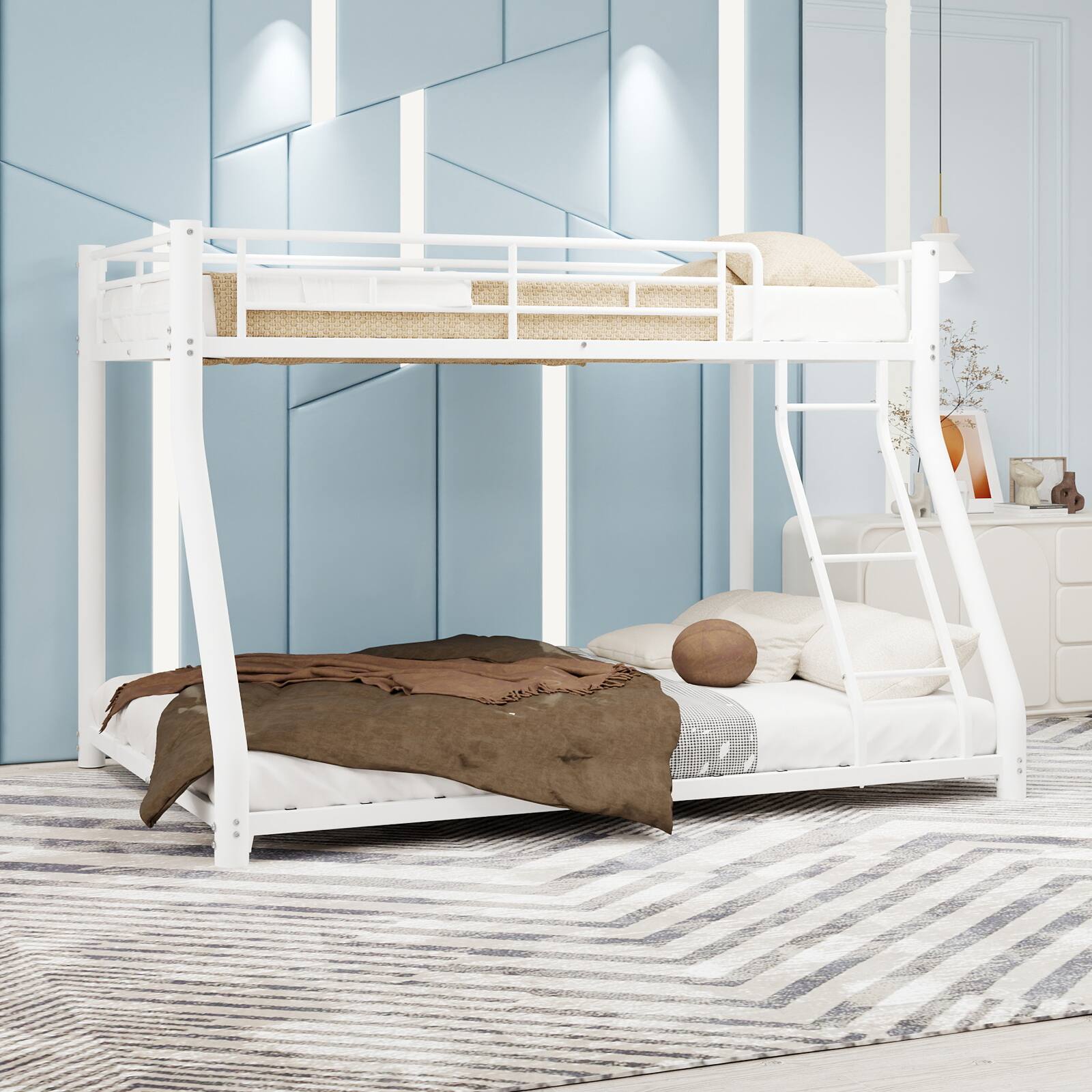 Angle. Loheer - Loheer White Metal Twin Over Full Bunk Bed Heavy Duty Frame with Removable Stairs and Under Bed Storage No Box Spring - White.