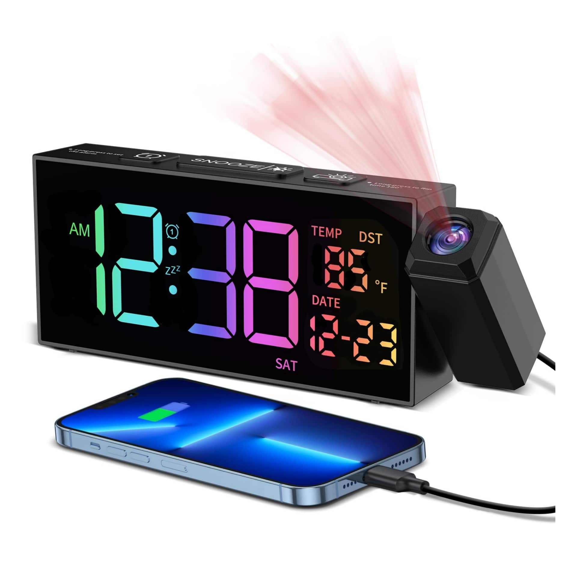 Dazzed Corner - Alarm Clocks 180° Rotatable Projector,Projection Clock for Bedroom Ceiling - Black