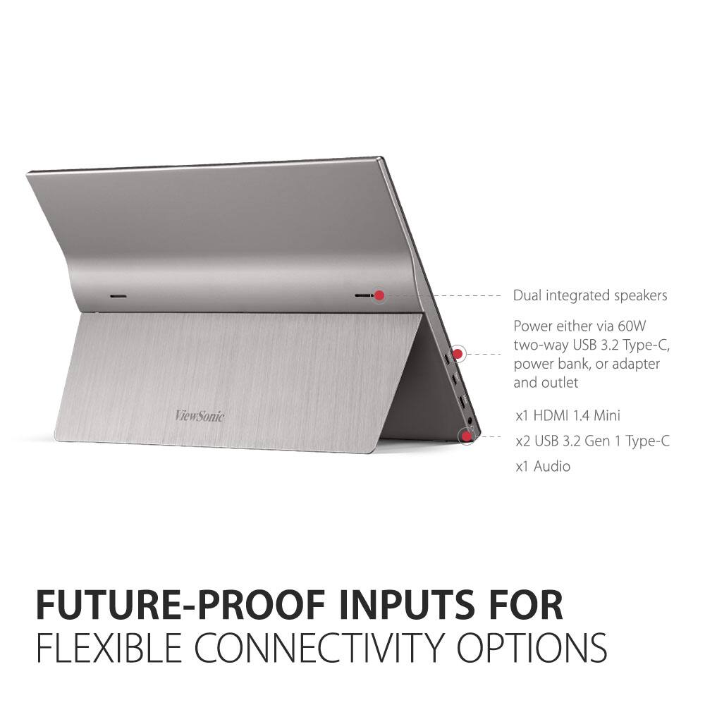 Dual integrated speakers  
Power either via 60W two-way USB 3.2 Type-C, power bank, or adapter and outlet  

x1 HDMI 1.4 Mini  
x2 USB 3.2 Gen 1 Type-C  
x1 Audio  

FUTURE-PROOF INPUTS FOR FLEXIBLE CONNECTIVITY OPTIONS